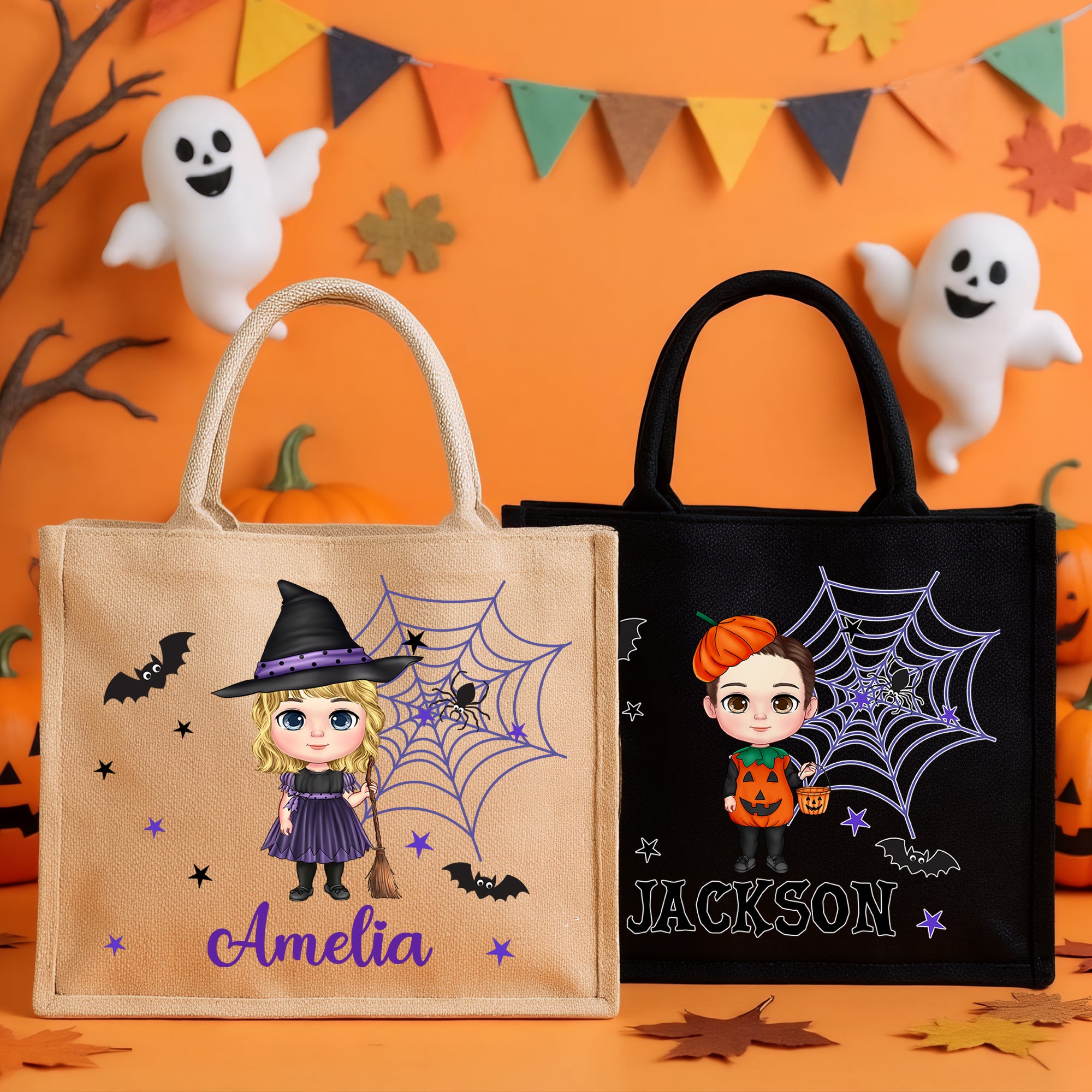 Bolsa de tela de araña de gran capacidad personalizada con el nombre de un personaje de dibujos animados Regalo de Halloween para niños