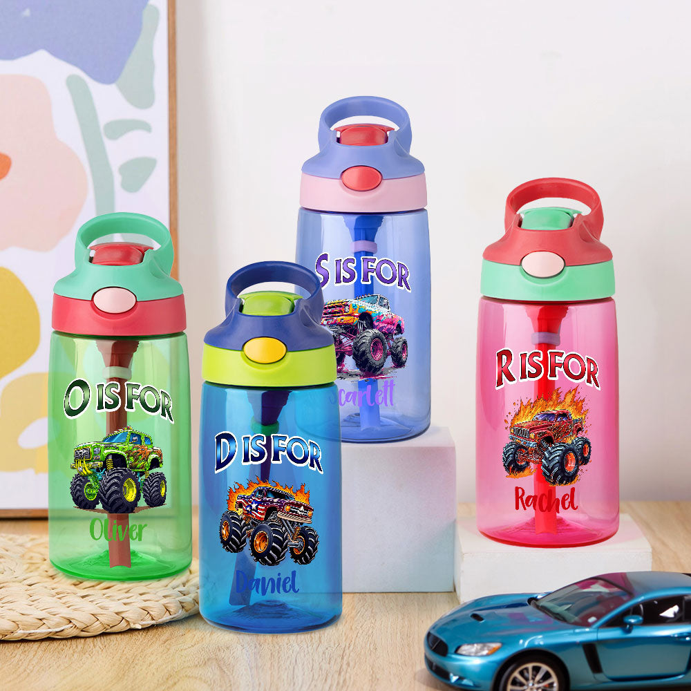 Personalizada Extreme Stunt Truck 16 oz Kid Botella de Agua con Pajita Inicial y Nombre Cumpleaños Vuelta al Cole Regalo para Niños Niñas