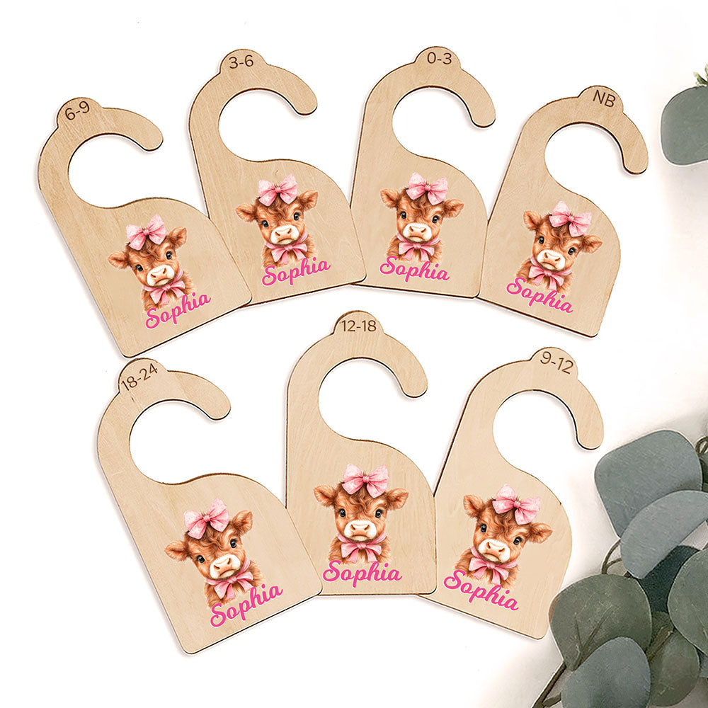 Personalizado Rosa Azul Highland Vaca 7 Piezas Separadores de Armario de Madera con Nombre Baby Shower Nursery Regalo para Padres Recién Nacidos