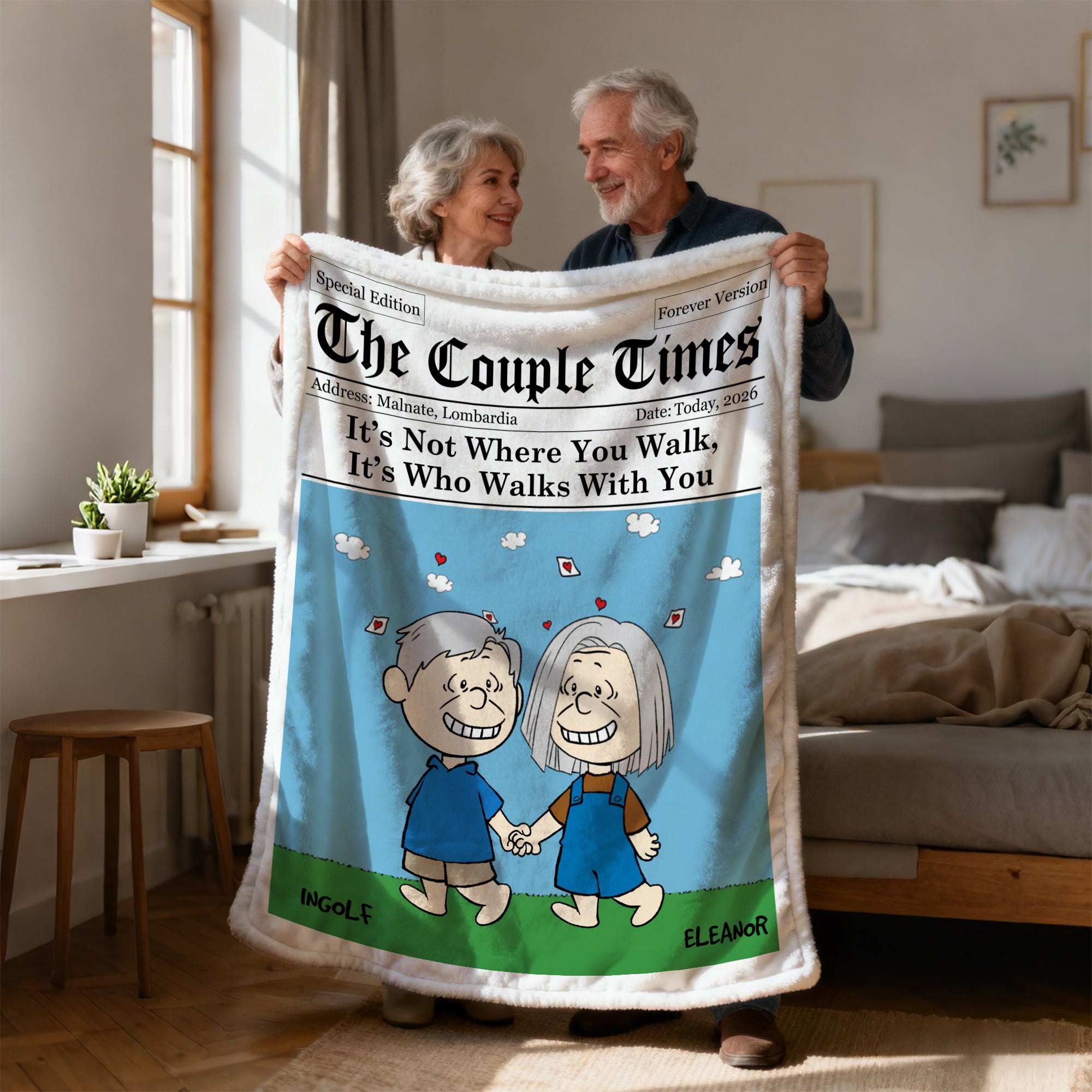 Diseño de periódico personalizado Dibujos animados Pareja Suave manta con nombres Decoración del hogar Cumpleaños Día de San Valentín Aniversario Regalo para Pareja