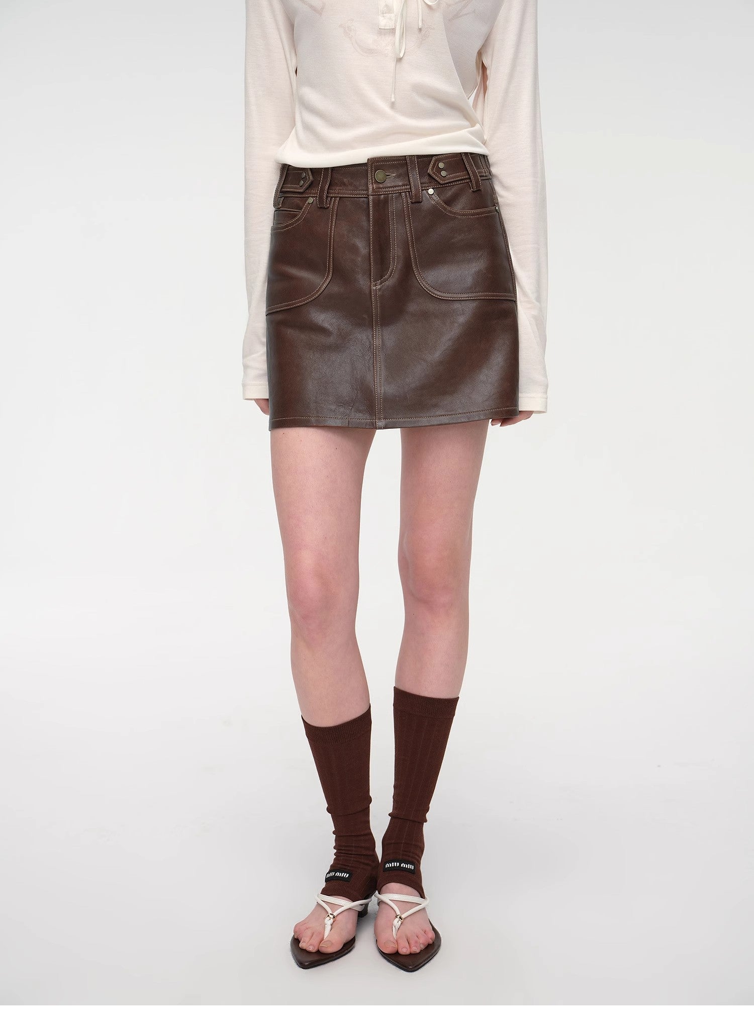 Houston Street New Zealand imported sheep leather vintage A-line short skirt