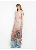 Rosy Ombre Acetate Mulberry Silk V-Neck Ruffled Draped Twist Strap Summer Dress