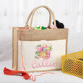 Cesta de hilo floral personalizada Bolsa de yute con bolsillo y nombre Regalo de cumpleaños para ganchilleras amantes del punto