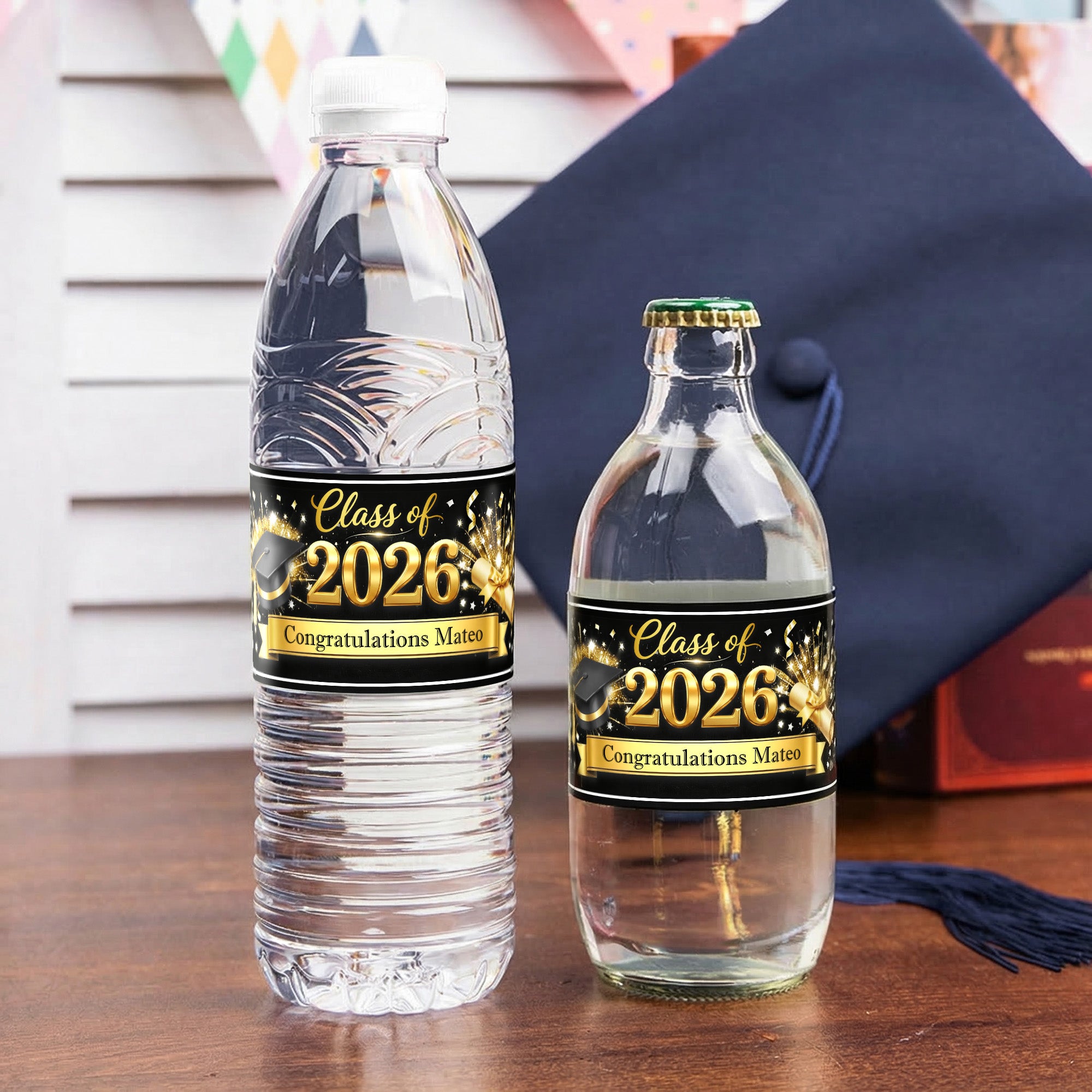 Tapa de Graduación Personalizada Set de 20 Etiquetas Adhesivas para Botellas de Agua con el Año y Texto Decoración de Fiesta de Graduación Regalo de Ceremonia de Graduación para Graduados
