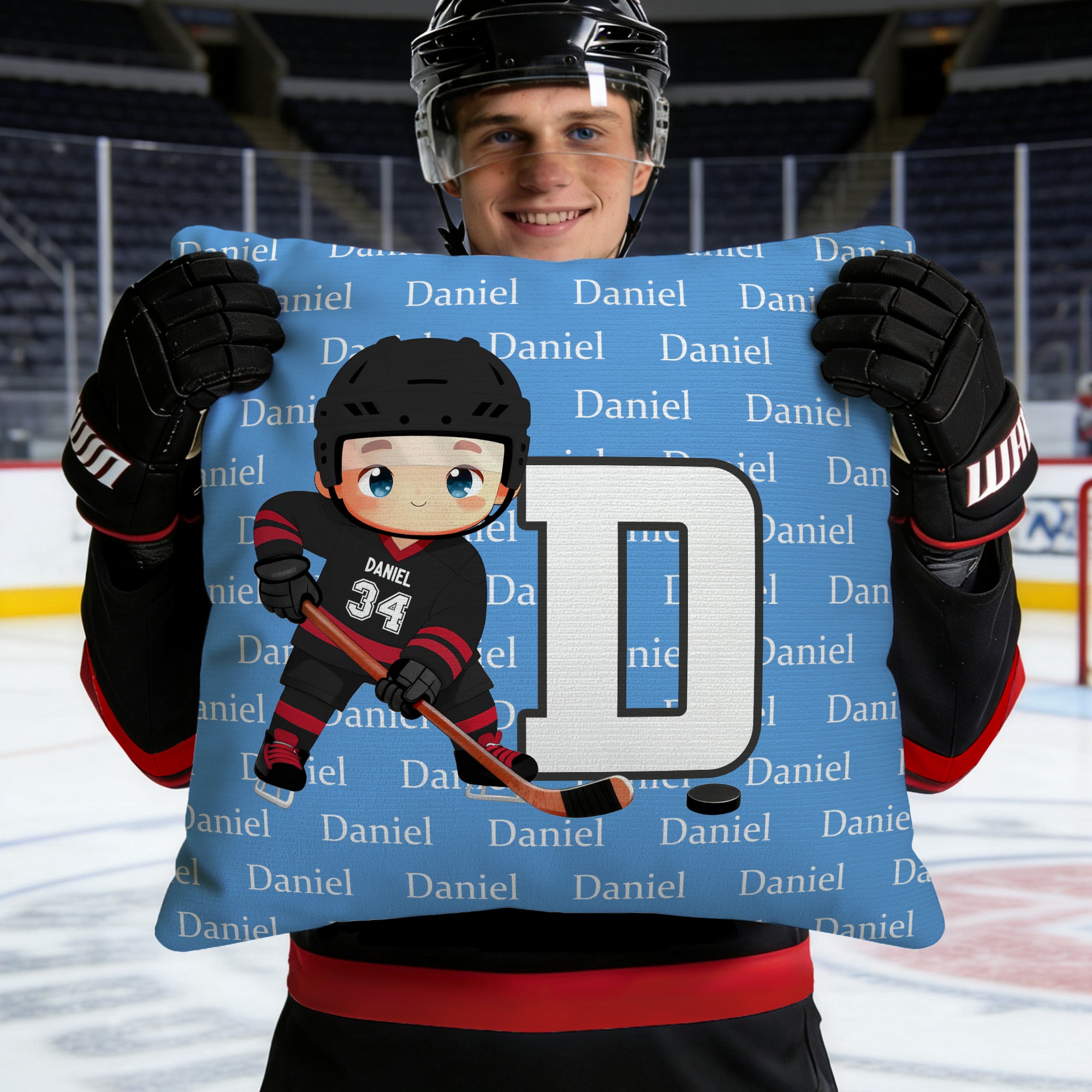 Funda de cojín personalizada de hockey sobre hielo con nombre, inicial y número, regalo de cumpleaños para jugadores de hockey sobre hielo.
