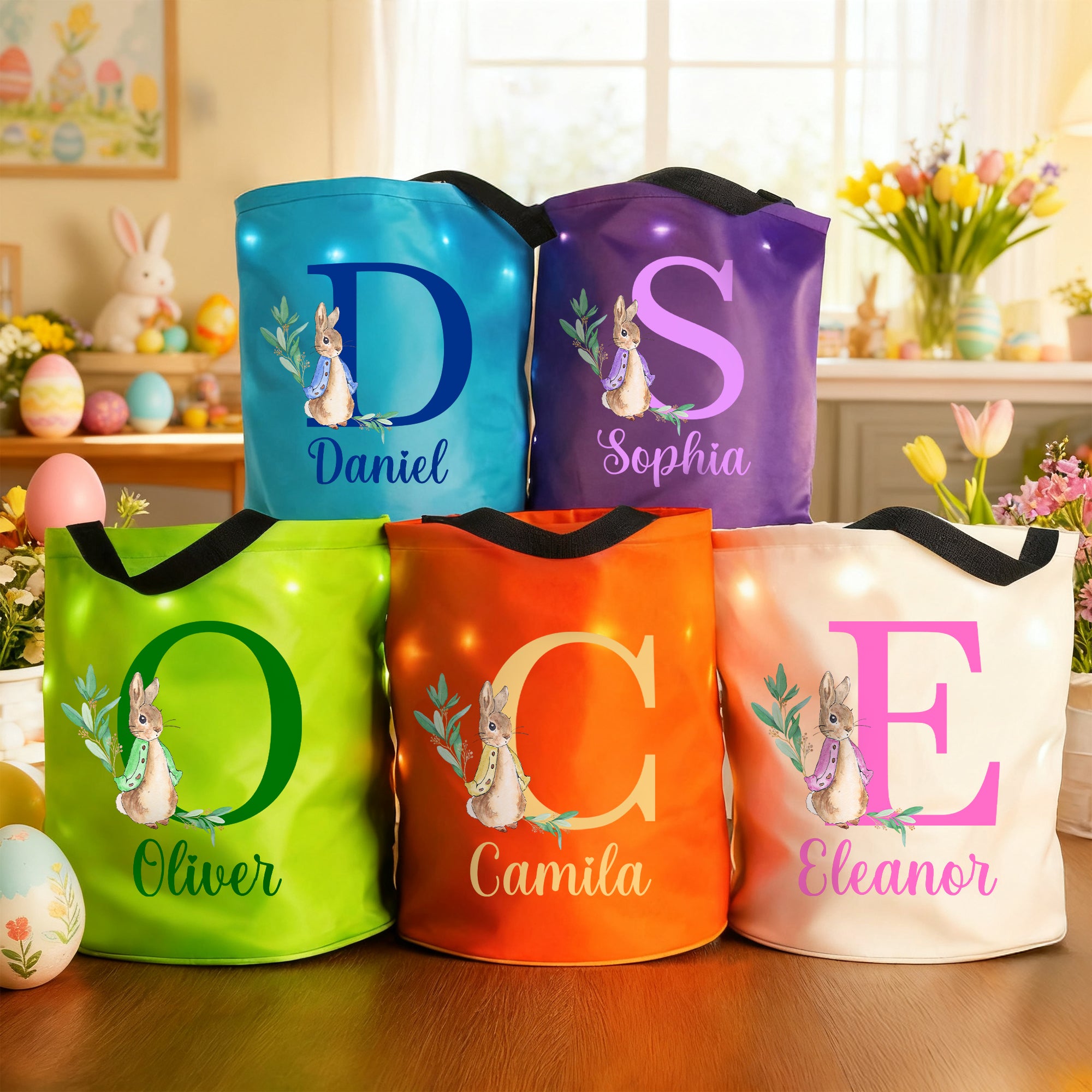 Conejito Peter personalizado con luz LED Cesta de la bolsa de cubo con la inicial y el nombre de Pascua Huevo Caza Suministros Fiesta de Regalos para Niños Familia
