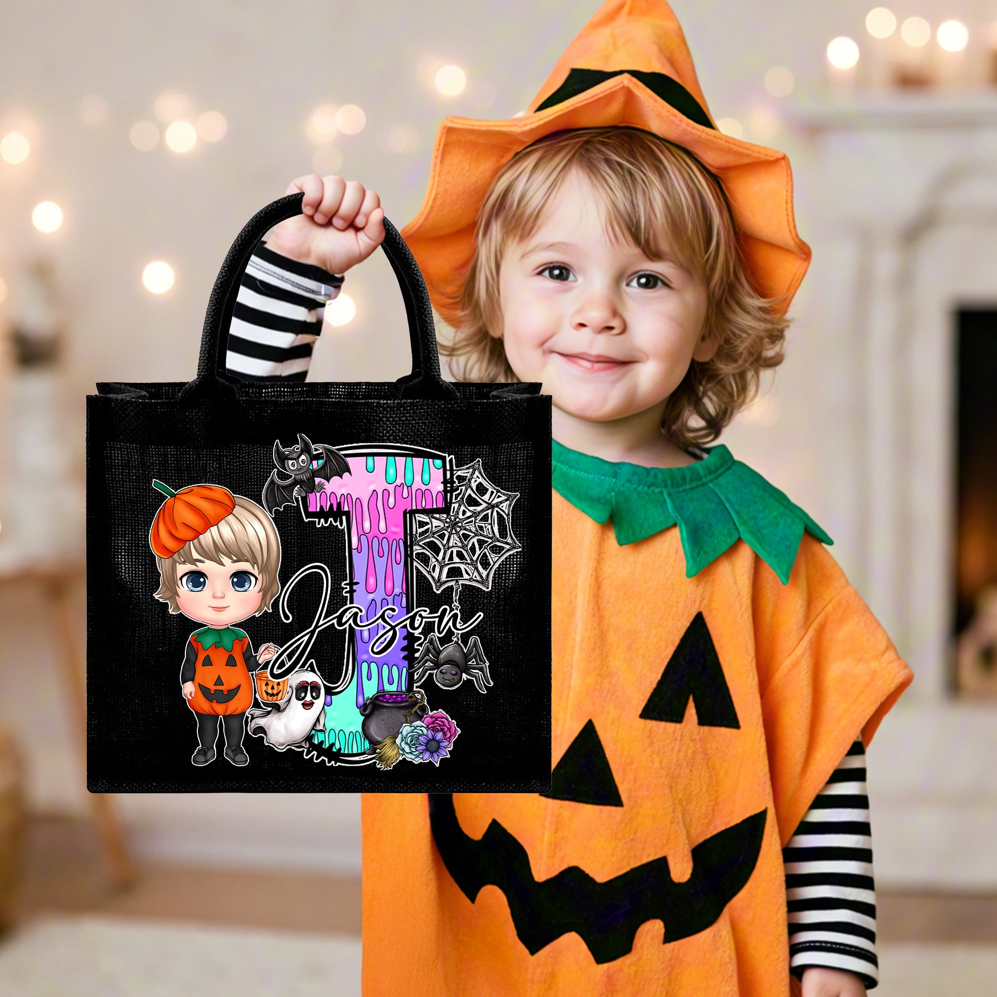 Personalizado Cartoon Personaje Doodle Carta Negro Lino Bolsa con Nombre Halloween Fiesta Regalo para Niños Niñas