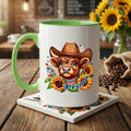 Taza de café personalizada Highland Cow Sunflower Multicolor 11/15 oz con nombre y posavasos Uso diario Regalo del Día de la Independencia para los americanos