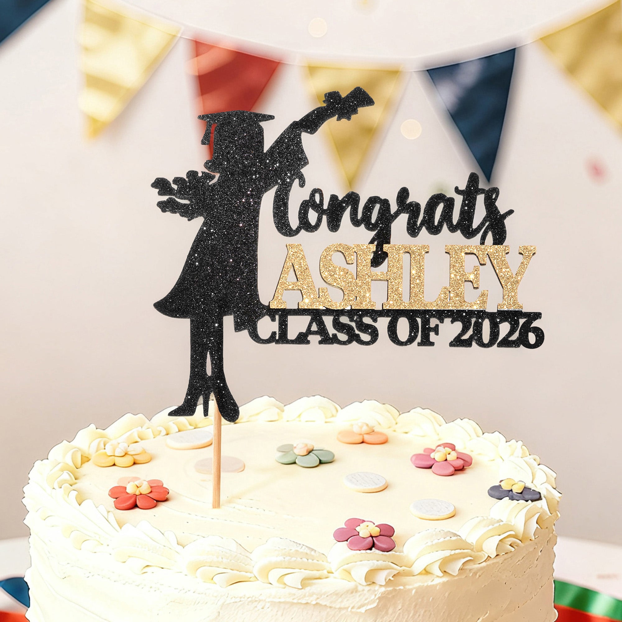 Silueta de graduado multicolor con purpurina personalizada para decorar tarta con nombre y año Regalo de graduación para fiesta de graduados