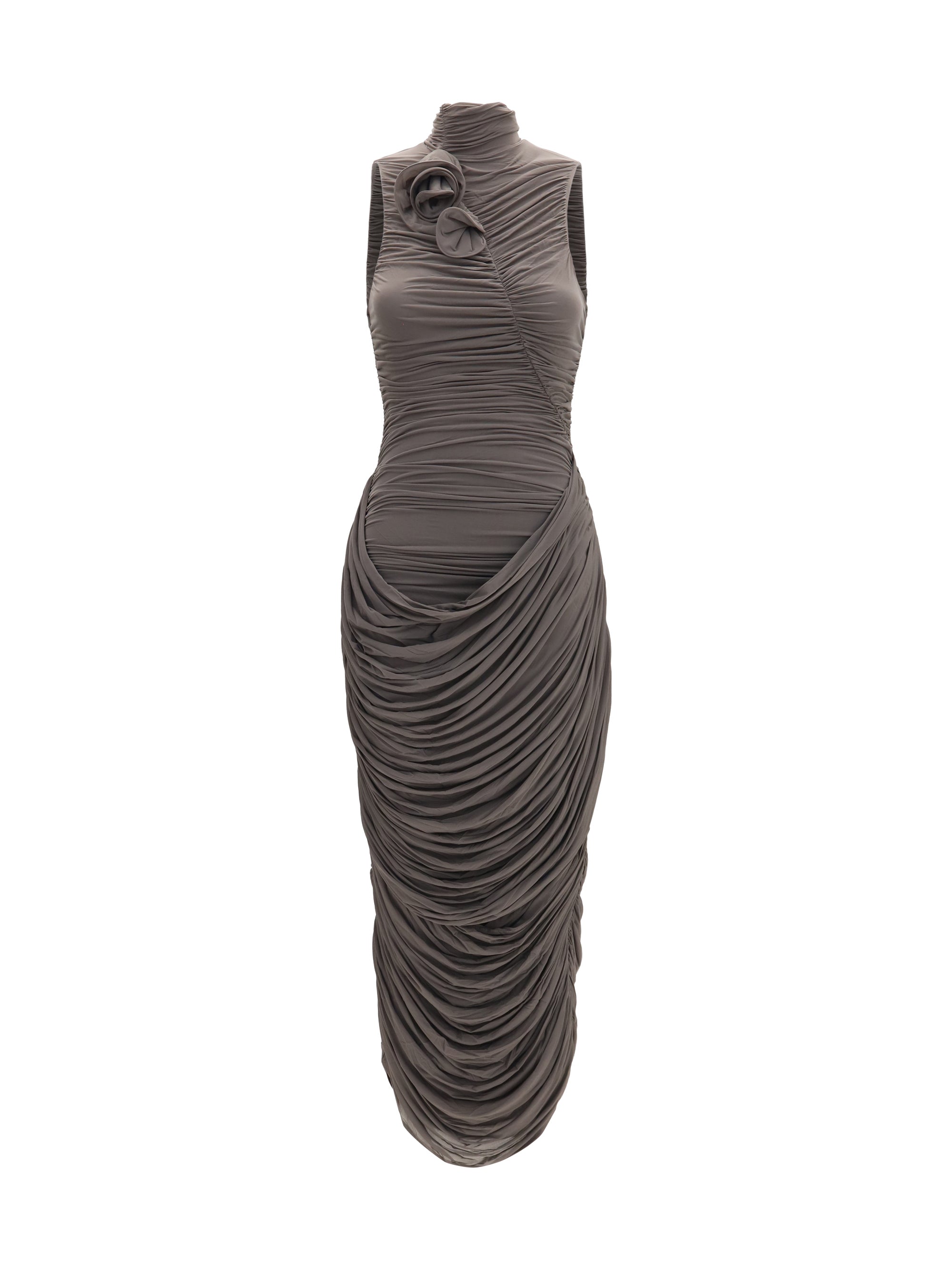 Magda Butrym Draped High-Neck Midi Dress — Brown