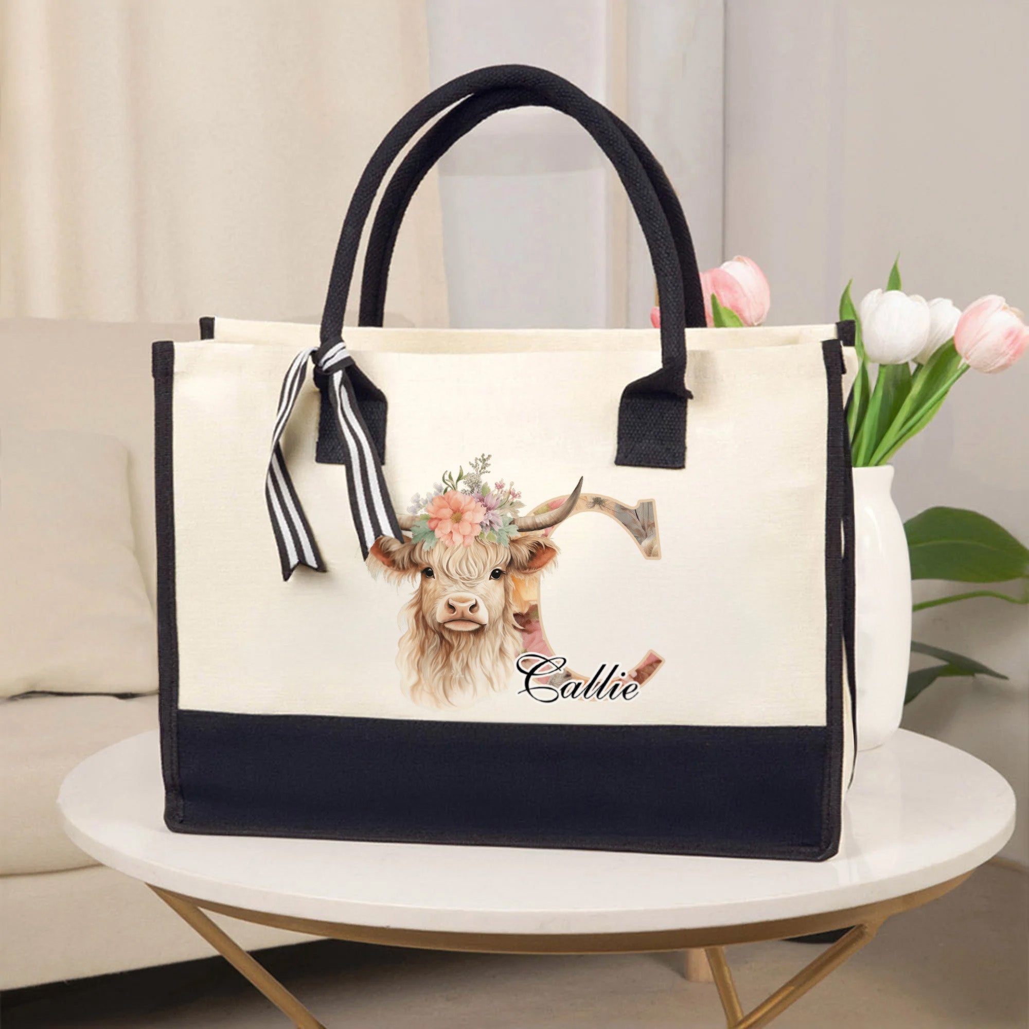 Personalizada Flor Highland Vaca Grande Bolsa de lona con nombre y lazo Viaje Esenciales Cumpleaños Día de la Madre Regalo para Mon Abuela Mujeres