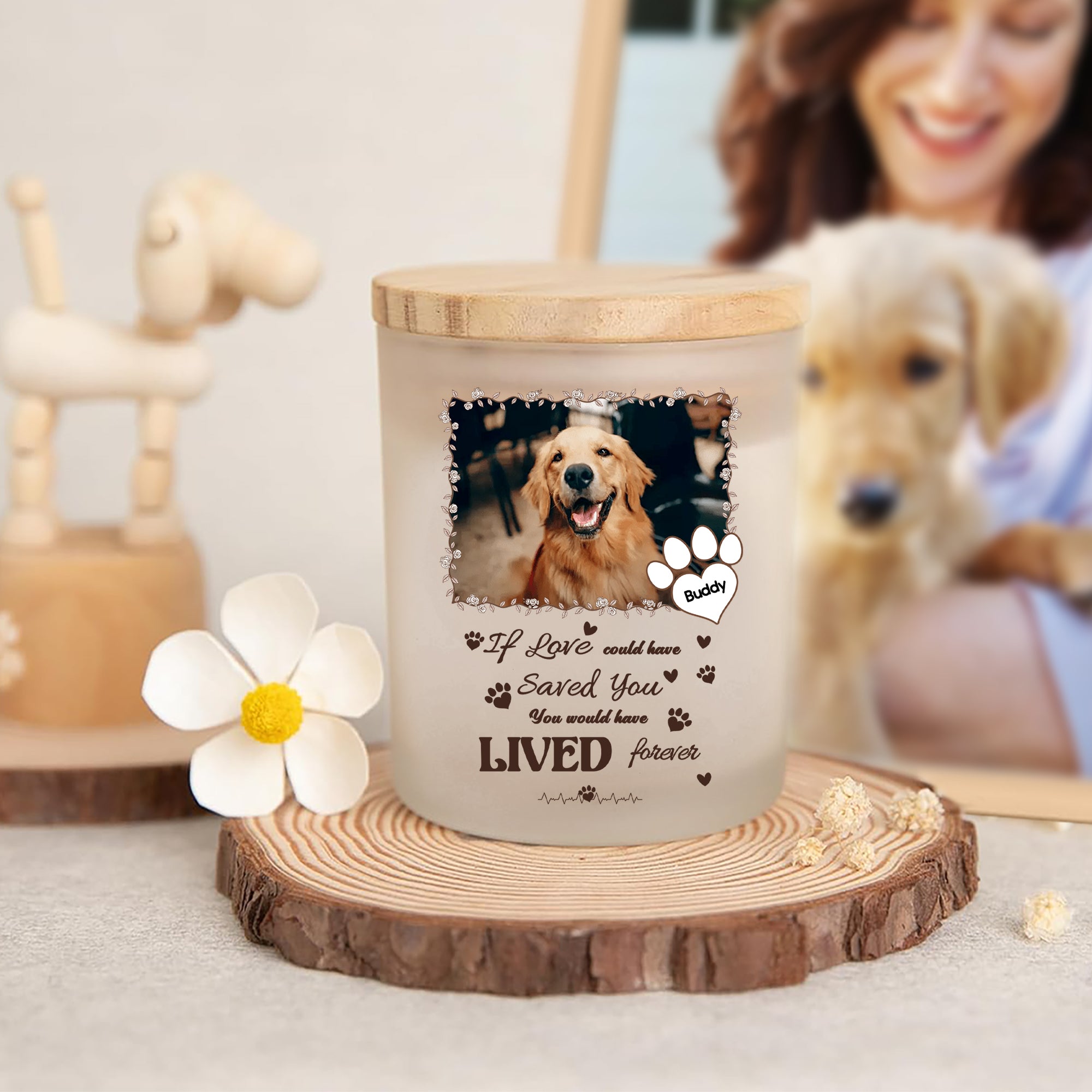 Tarro de vela personalizado con foto de mascota, nombre, vela LED y tapa de madera Regalo conmemorativo por la pérdida de una mascota