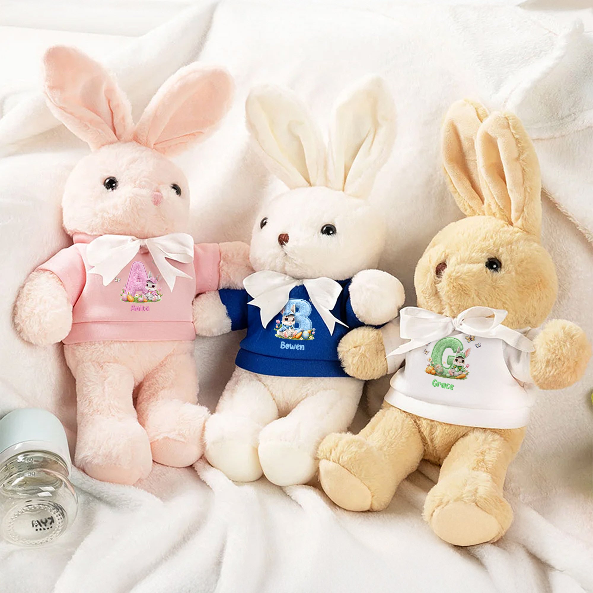 Conejito de Pascua con lazo personalizado 100% algodón Conejito de peluche con inicial y nombre Regalo de Pascua para recién nacidos Niños pequeños Niños