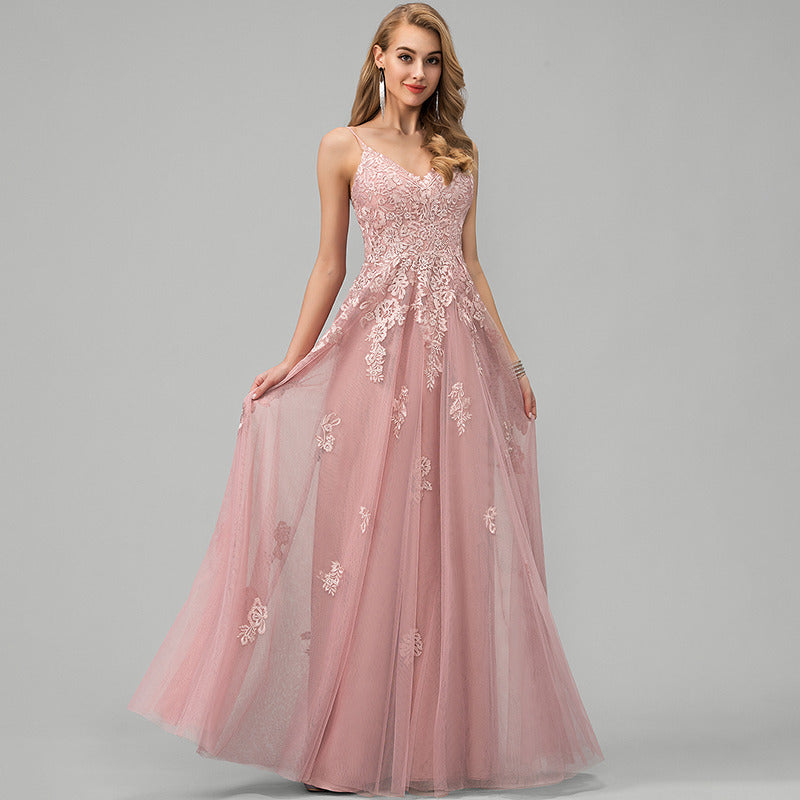 Bridal Wedding Dress Blush Spaghetti Straps Long V-Neck Ball-Gown Princess Tulle