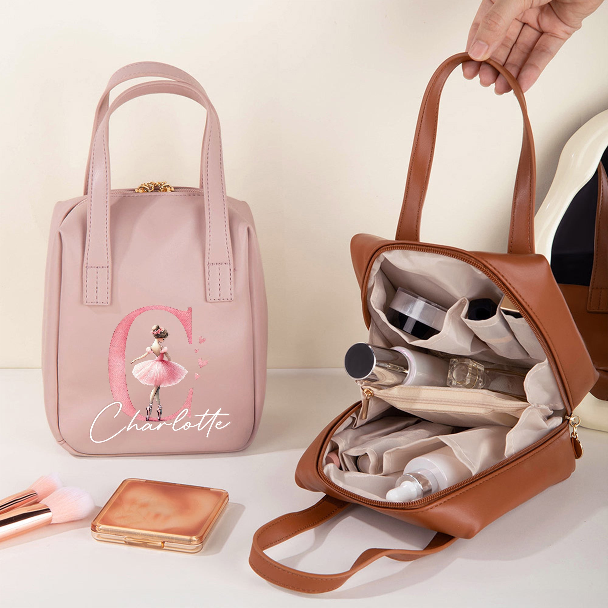 Alfabeto de bailarina personalizado Nombre floral Bolsa de maquillaje portátil de cuero PU con asa Accesorios de viaje Regalo de cumpleaños para los amantes del ballet