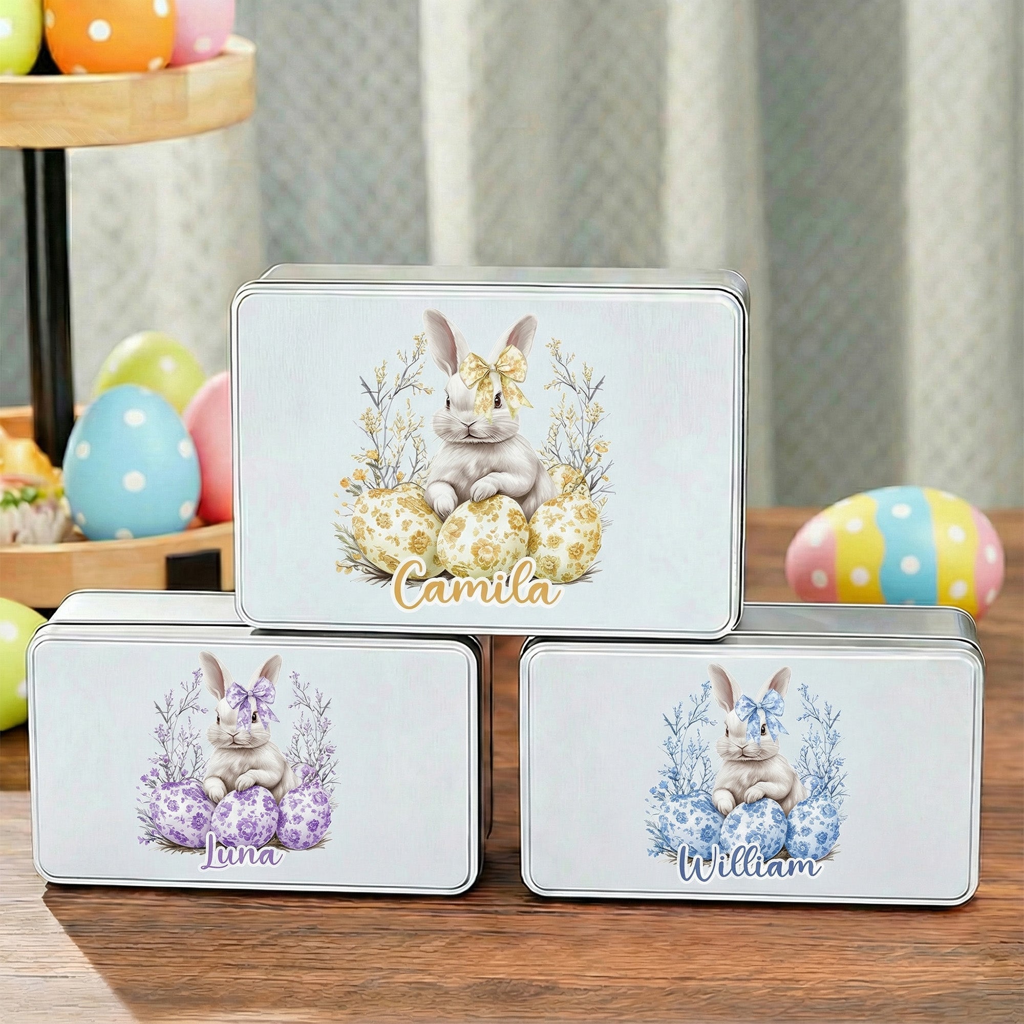 Caja de metal para galletas personalizada con nombre en acuarela y adorable conejito floral Regalo perfecto para una fiesta de Pascua para niños