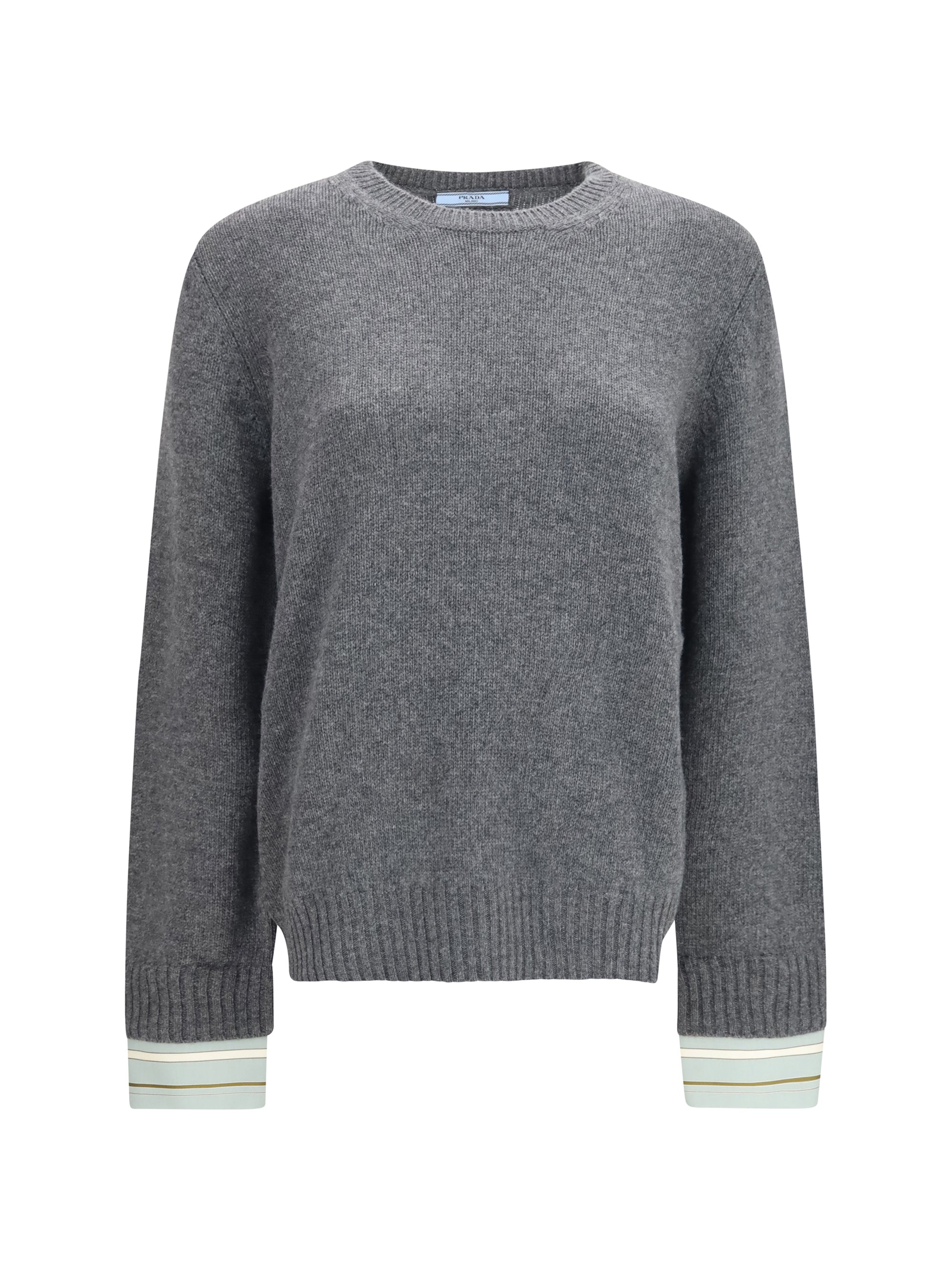 Prada Wool with Striped Cuff Detail Sweater — Gray