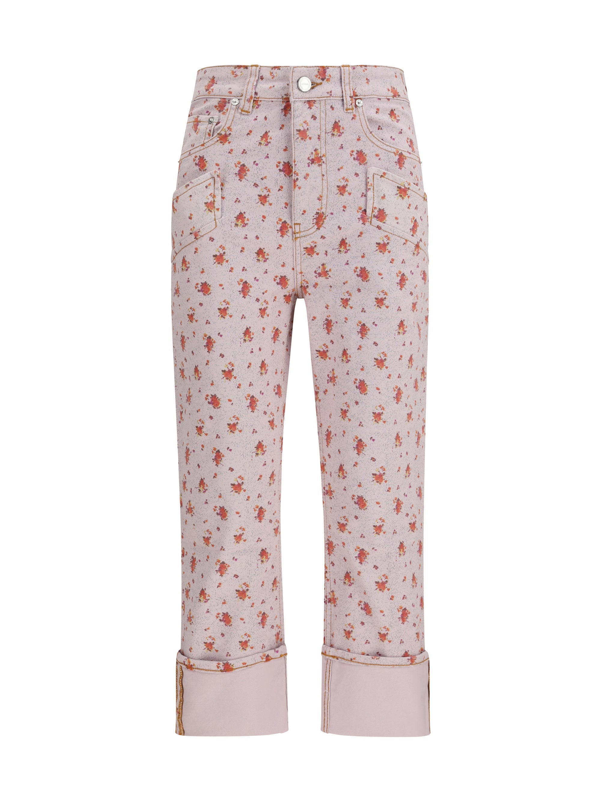 Ganni Floral-Printed Stretch Denim Capri Pants — Pink