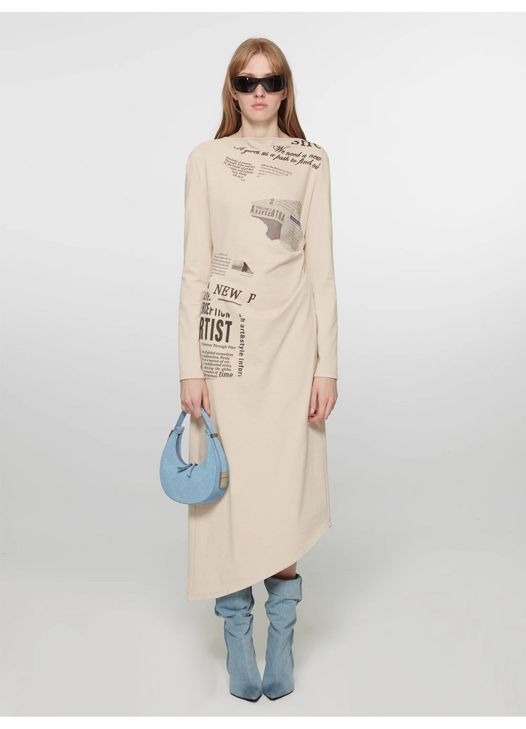 Style in the City Original Printed One-shoulder Bias-cut Dress Women's Pleated Waist Slimming Long Dress Spring