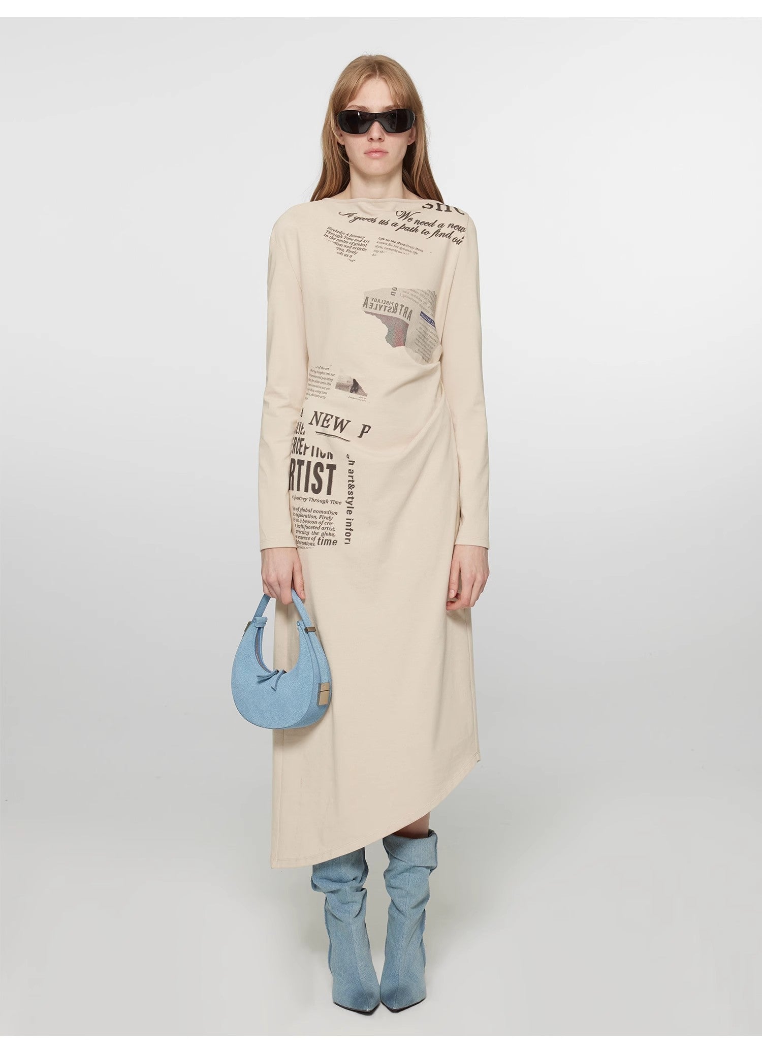 Style in the City Original Printed One-shoulder Bias-cut Dress Women's Pleated Waist Slimming Long Dress Spring