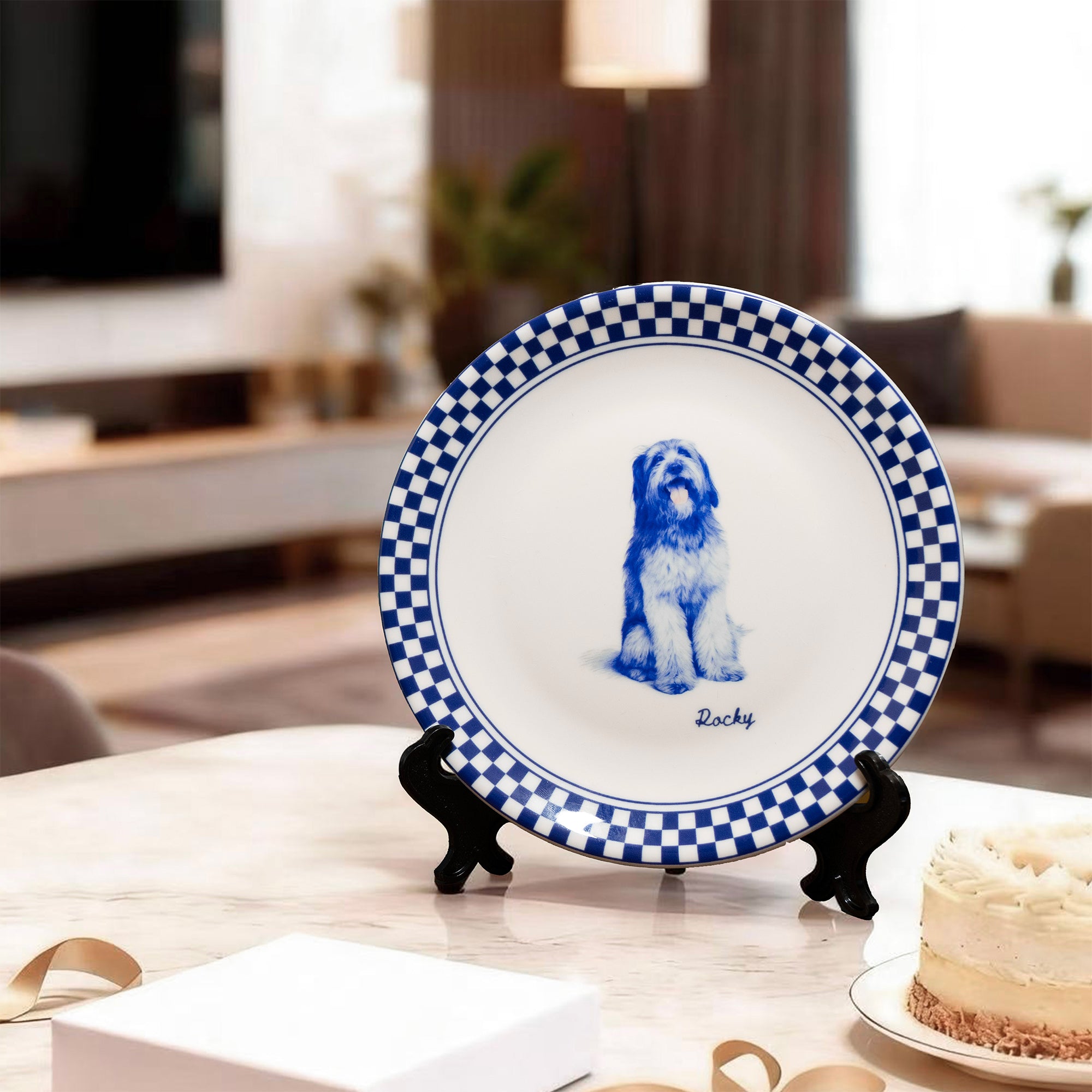 Plato de cerámica personalizado con retrato de mascota dibujado a mano con nombre y soporte Decoración para el hogar Uso diario Simpatía Regalo conmemorativo para dueño de mascota
