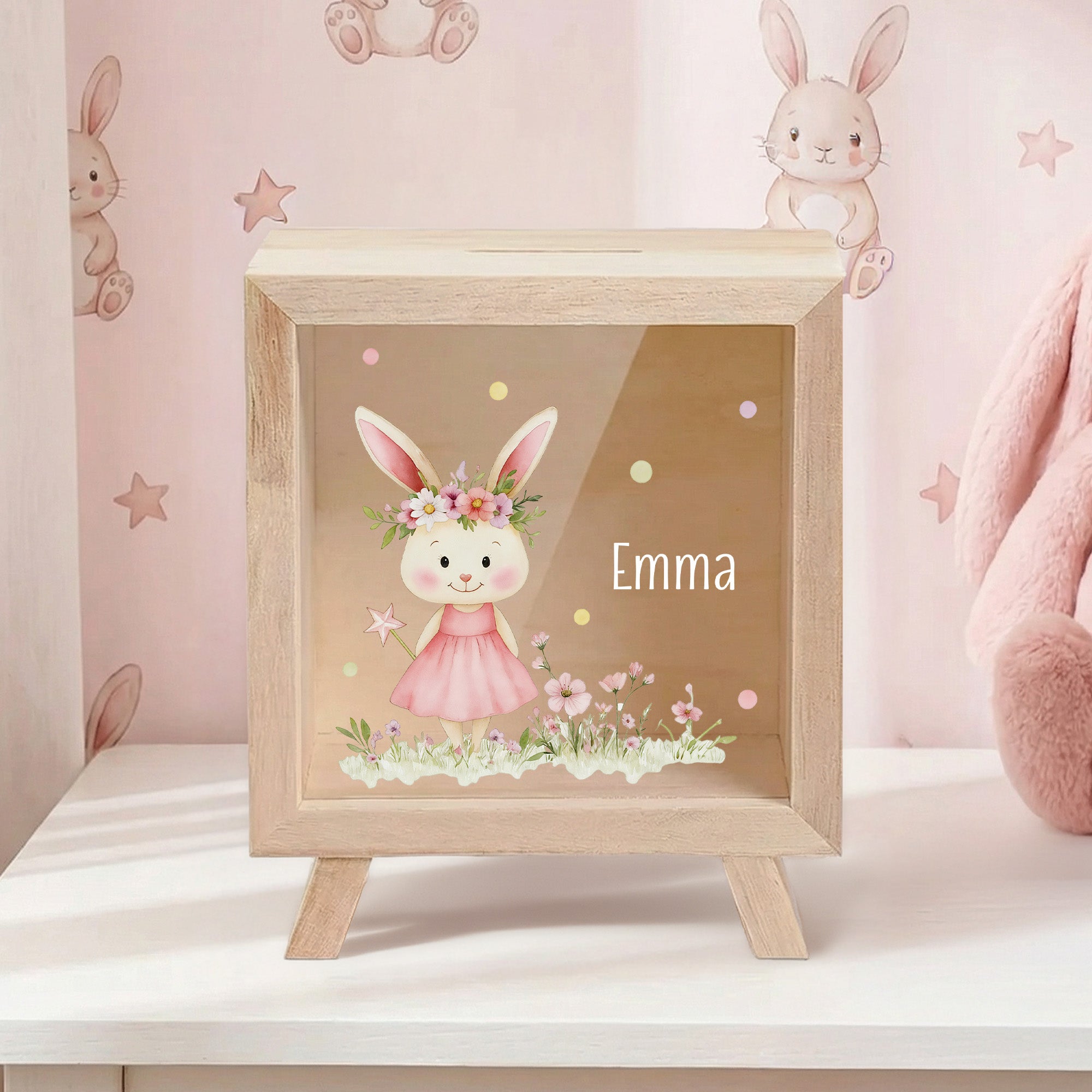 Hucha transparente de madera personalizada con el nombre del conejito floral de los animales del oso decoración de la habitación regalo de cumpleaños para los niños de las muchachas