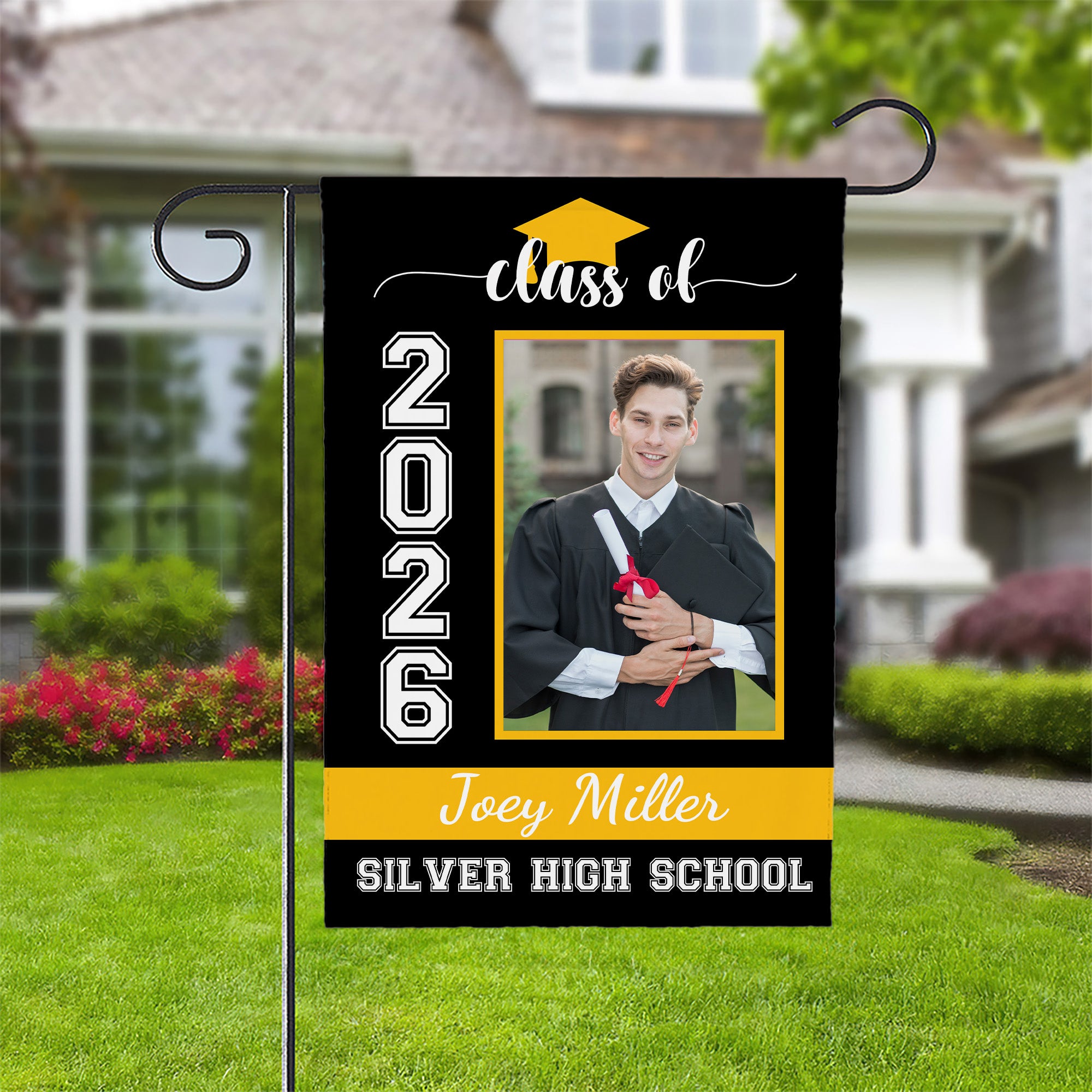 Bandera de jardín personalizada con foto de graduación de la promoción 2026 con el nombre de la escuela y el año Decoración de fiesta de graduación Favor para graduados