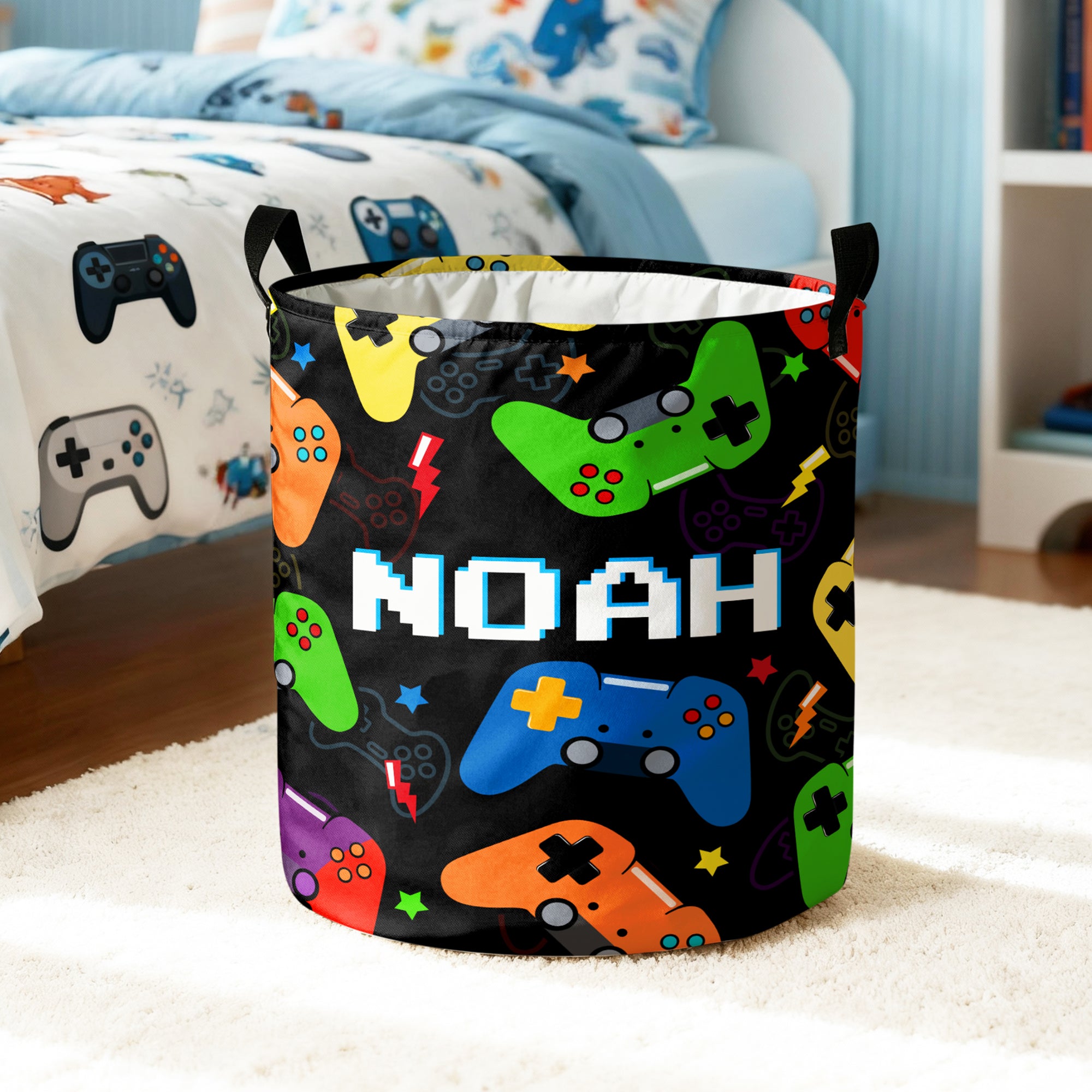 Cesto impermeable personalizado para ropa sucia con asa y nombre Regalo de cumpleaños para niño amante de los juegos en el cuarto de la colada