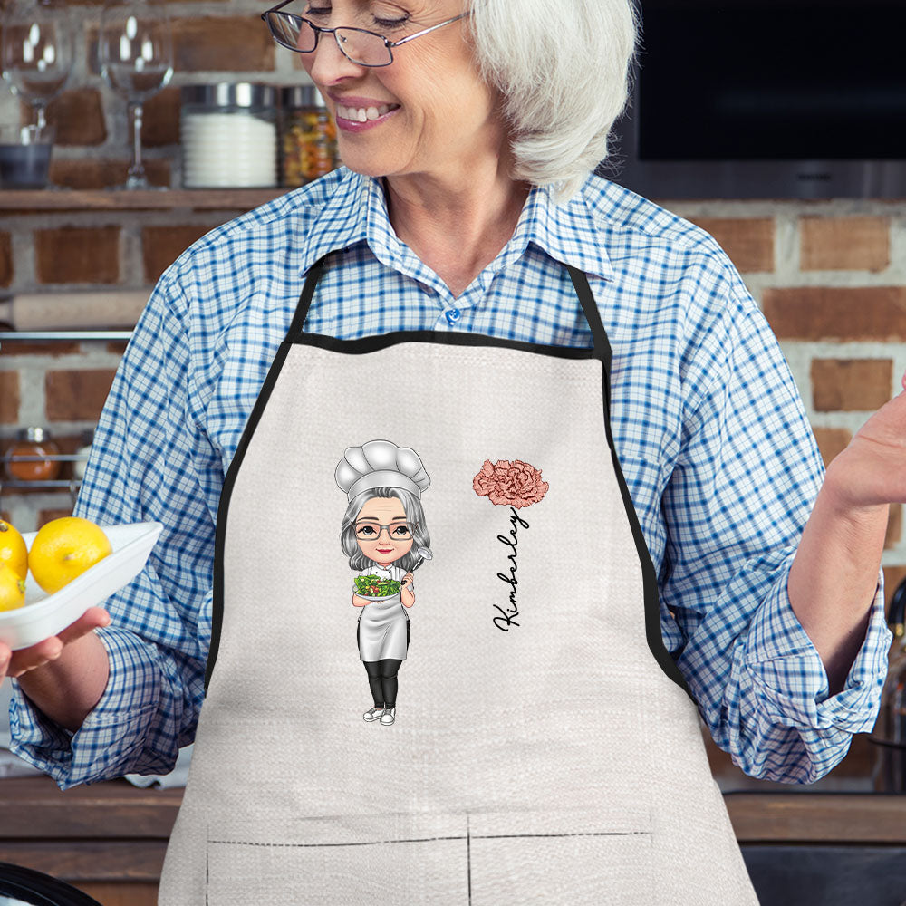 Delantal ajustable con nombre y bolsillos Personalizado Flor de Nacimiento Caricatura de Personaje de Cocina Regalo del Día de la Madre para Mamá Abuela Amante de la Cocina