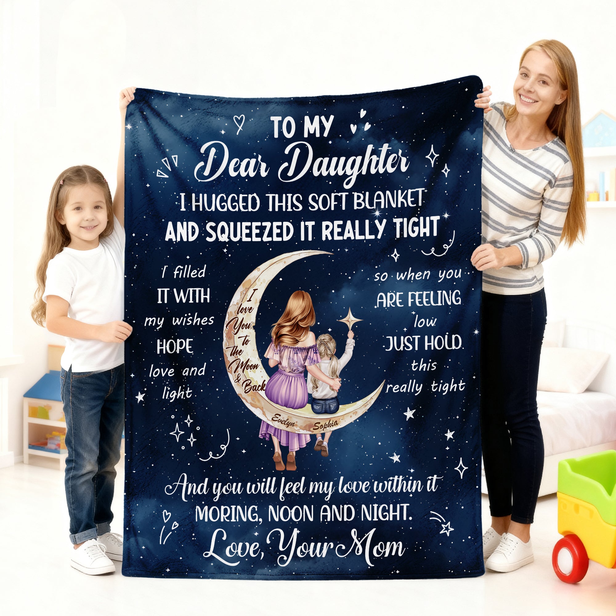 Cielo estrellado personalizado Luna Personaje de dibujos animados Suave manta con nombre y texto Decoración del hogar Uso diario Regalo de cumpleaños para niños Madres