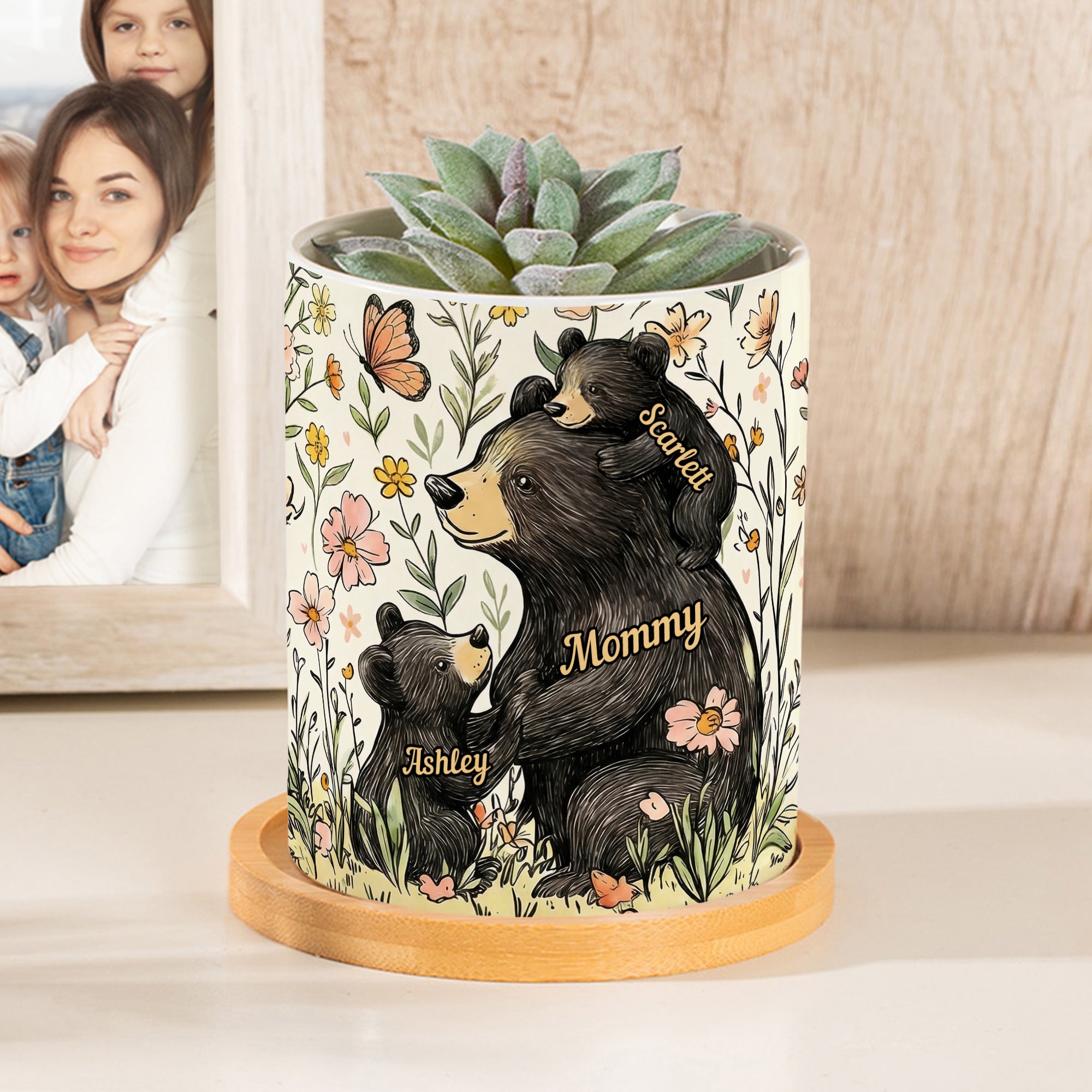Maceta de cerámica personalizada con 1-5 nombres y bandeja de bambú Regalo de cumpleaños para mamá en el Día de la Madre