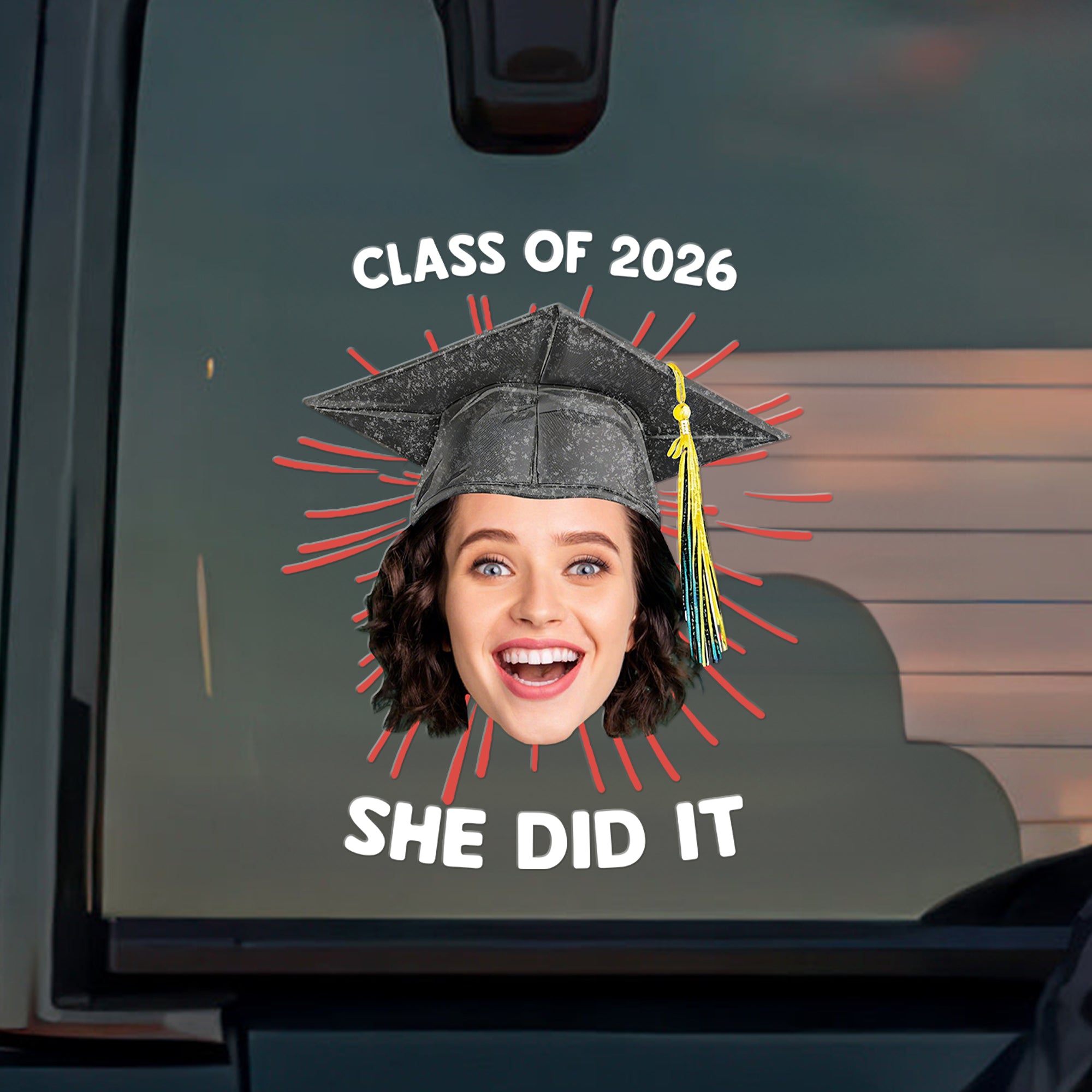 Cara Personalizada Foto Gorra Graduación Fuegos Artificiales Impermeable Pegatina Coche con Nombre Regalo de Graduación para Graduados