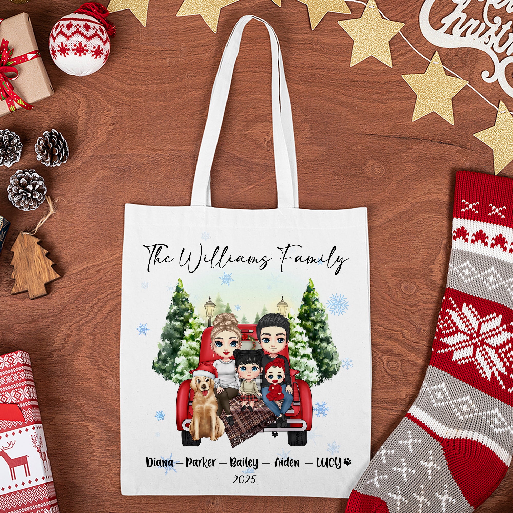 Personalizada Familia Personajes de dibujos animados Bolsa de lona con nombre y año Navidad Cumpleaños Aniversario Regalo para la familia