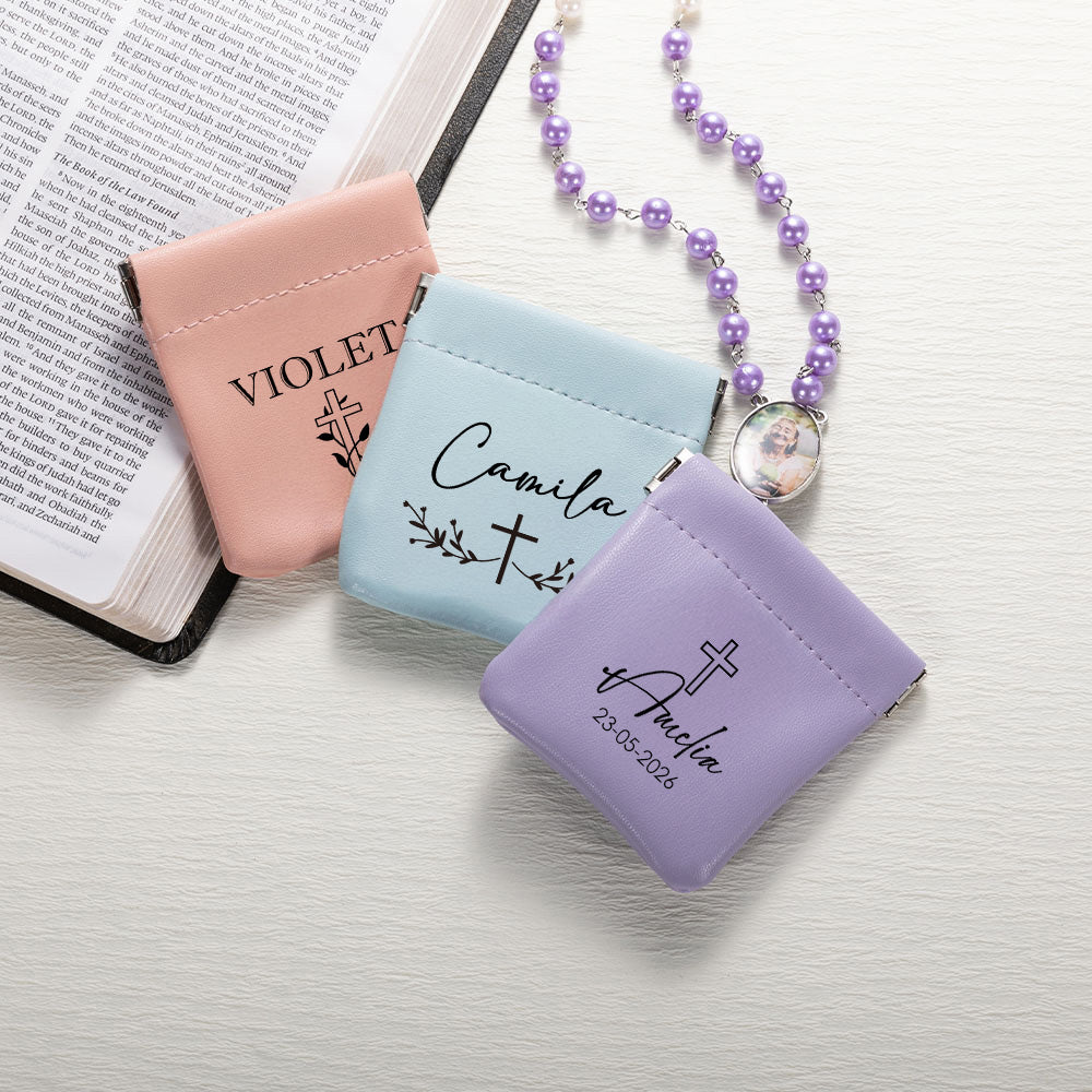 Personalizada Cruz Nombre Artístico PU Cuero Rosario Bolsa de Almacenamiento Comunión Bautizo Regalo Religioso para los cristianos