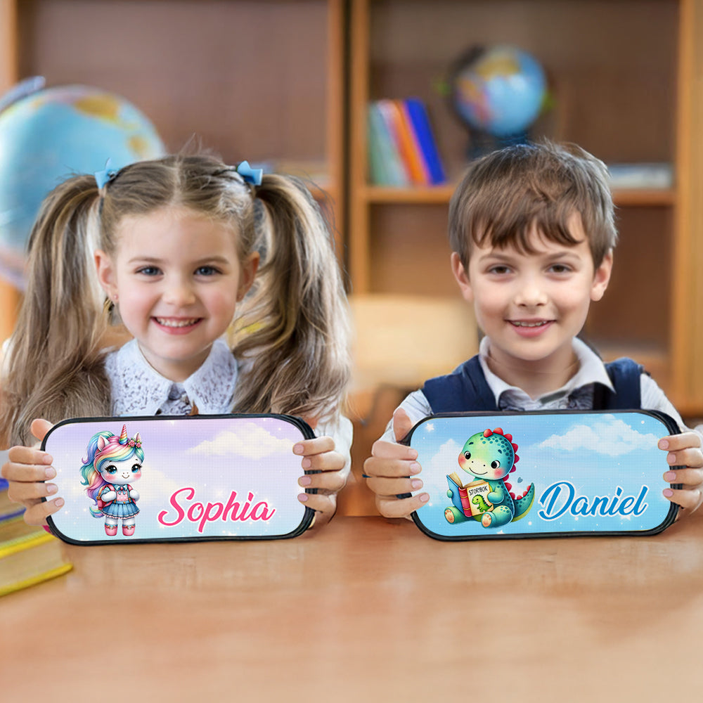 Estuche Oxford de doble capa con nombre y cremallera para lápices personalizado Fantasía Unicornio Dinosaurio Regalo de cumpleaños de vuelta al cole para estudiantes