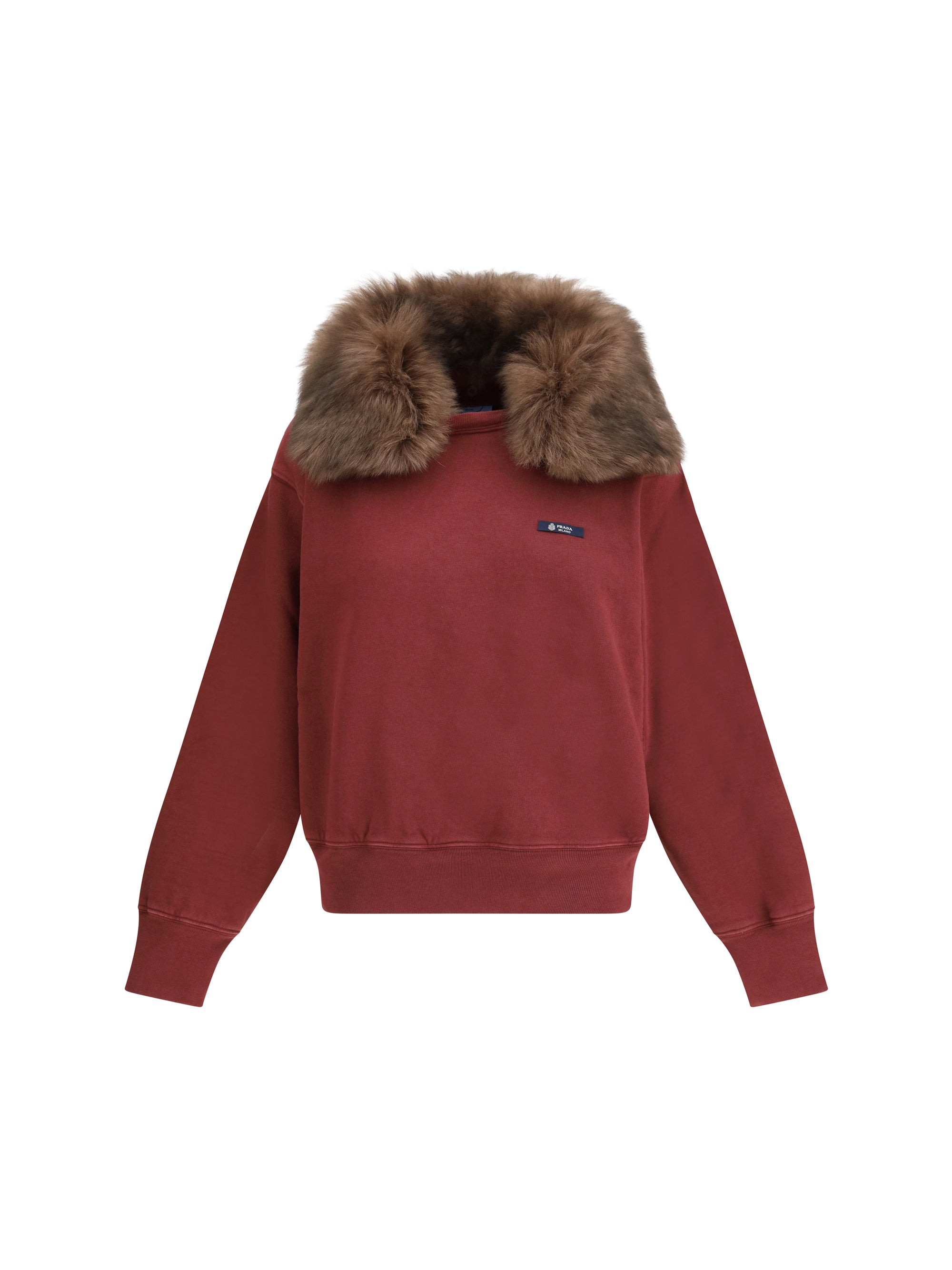 Prada Shearling-Collar Cotton Sweatshirt — Bordeaux