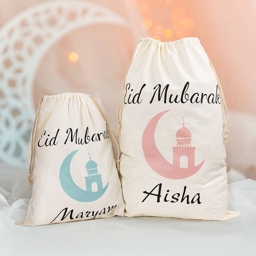 Eid Mubarak personalizado Bolsa de regalo de lona con nombre Ramadan Stoffer Eid Regalo para niños