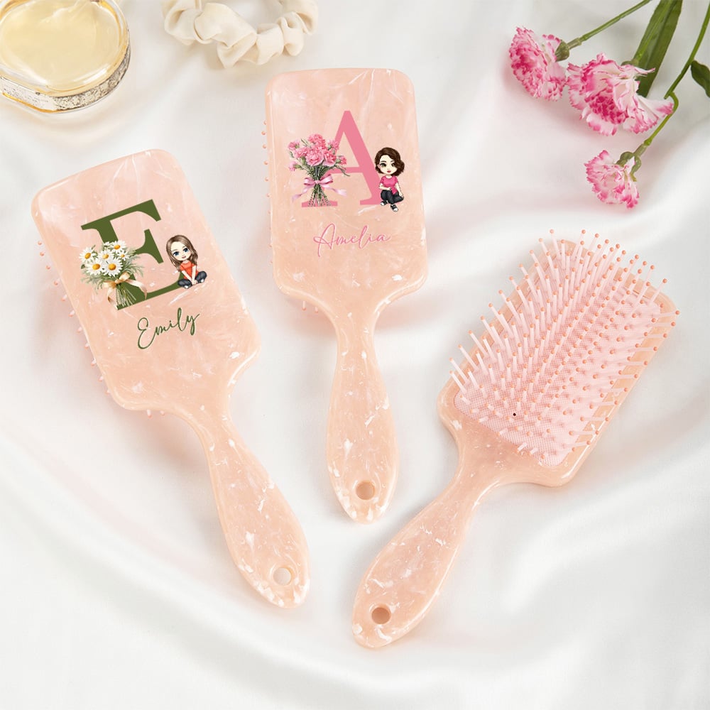 Personalizada Nacimiento Ramo de flores Inicial Cartoon Carácter largo mango Paddle cepillo con nombre y cinta Cumpleaños Regalo de boda para las mujeres