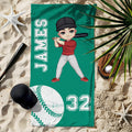 Toalla de playa de gran tamaño, suave y de secado rápido, personalizada con el nombre y el número de un personaje de béisbol de dibujos animados.