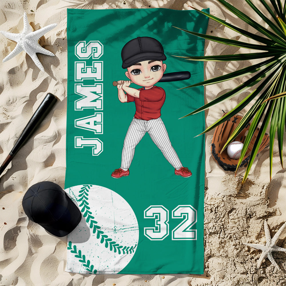 Toalla de playa de gran tamaño, suave y de secado rápido, personalizada con el nombre y el número de un personaje de béisbol de dibujos animados.