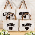 Bolsa de lona personalizada con diseño de lazo de leopardo con título y asa de piel Día de la Madre Cumpleaños Agradecimiento Regalo para Mamá Abuela Mujeres