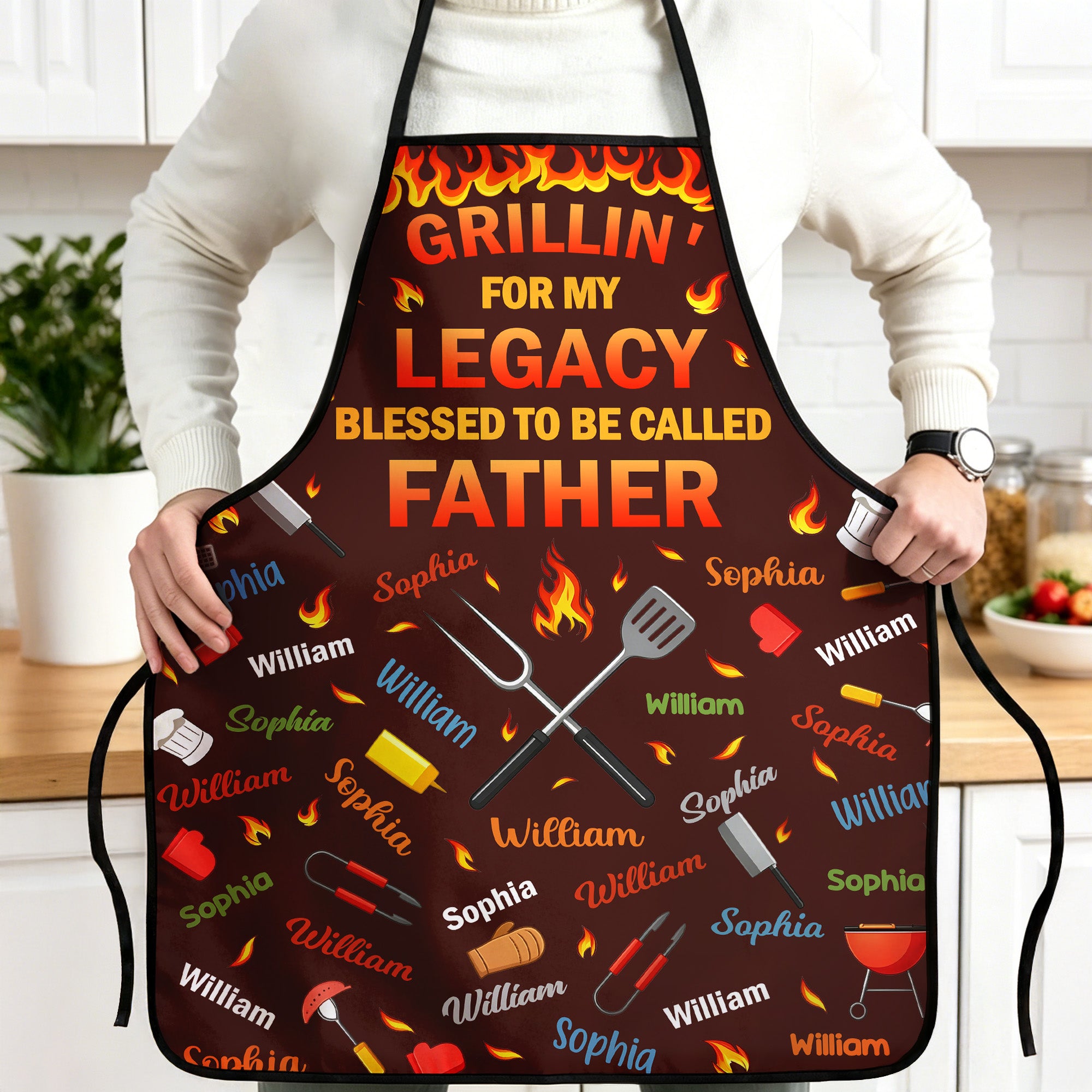Personalizado Bendito Ser Llamado Padre Espátula Fuego Delantal con 1-6 Nombres Día del Padre Cumpleaños Regalo para Padre Amante de la Cocina