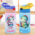 Botella isotérmica de agua con asa y pajita para niños con nombre de dinosaurio y unicornio de dibujos animados personalizada Regalo de vuelta al cole para niños y niñas