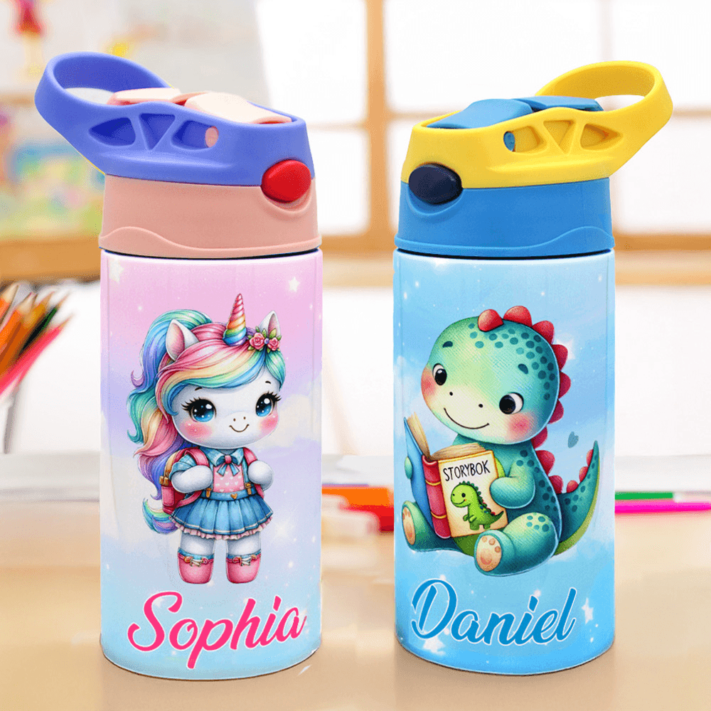 Botella isotérmica de agua con asa y pajita para niños con nombre de dinosaurio y unicornio de dibujos animados personalizada Regalo de vuelta al cole para niños y niñas