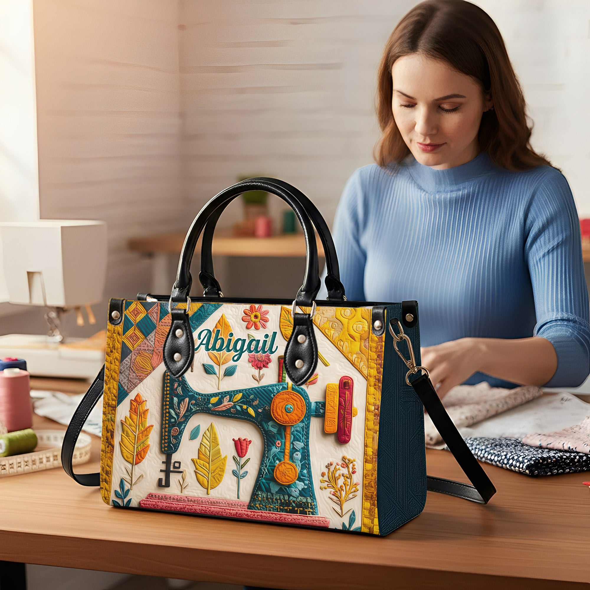 Máquina de coser personalizada Bolsa grande de cuero de PU con nombre y correa para el hombro Regalo de cumpleaños para mujer amante de la costura