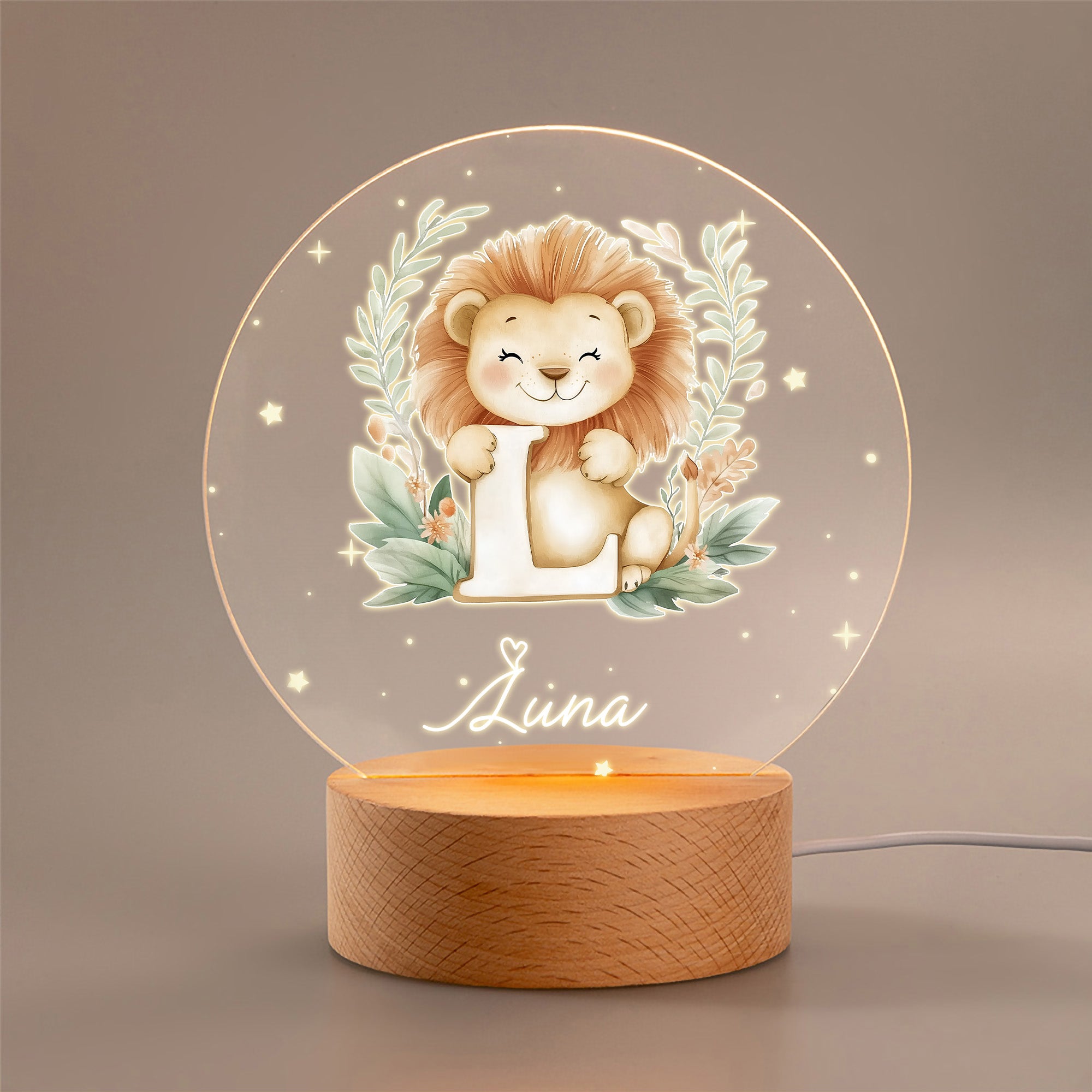 Luz nocturna LED con iniciales de animales del bosque personalizada con nombre y base de madera Decoración de habitación temática de bosque Regalo de cumpleaños Baby Shower para niño pequeño