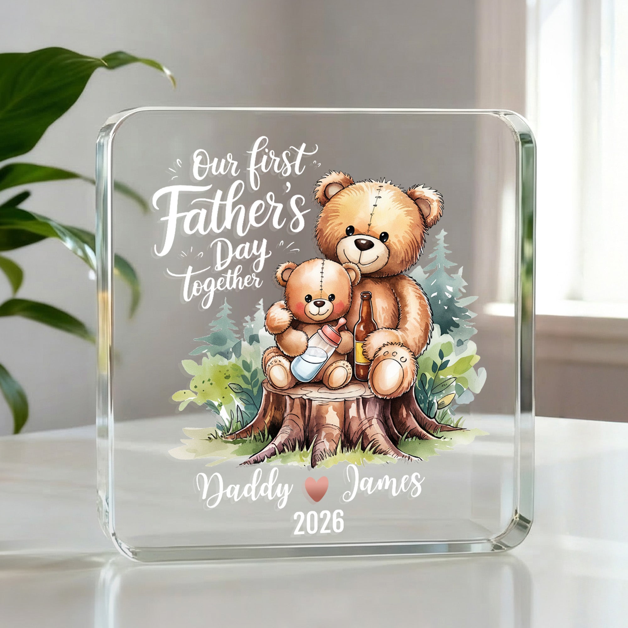 Placa acrílica cuadrada personalizada con el nombre y el año del oso Padre Hijo Decoración para el hogar Primer regalo del Día del Padre para papá