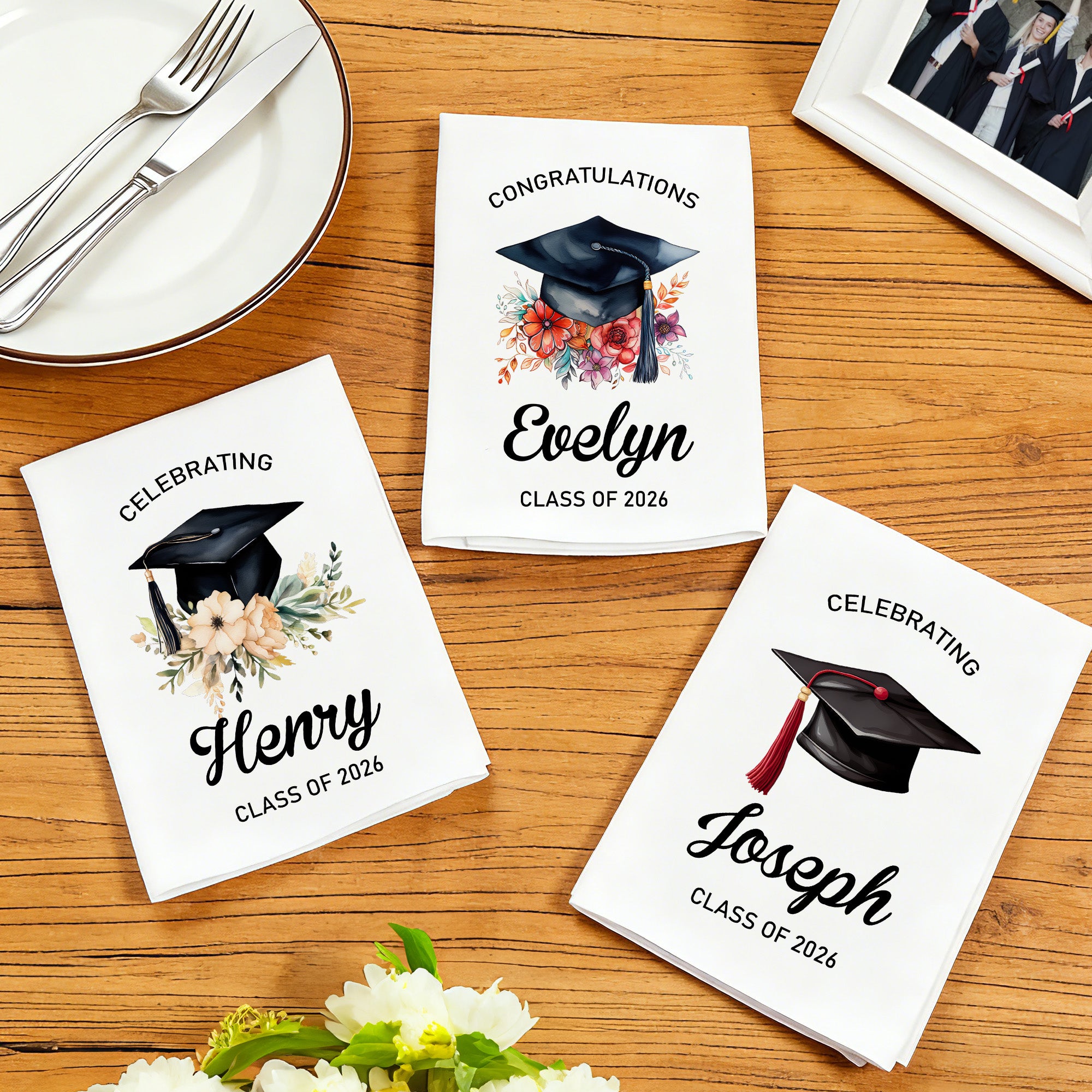 Gorro de Graduación Floral Personalizado Servilleta 100% Algodón con Nombre y Texto Decoración de Mesa Regalo de Graduación para Graduados Familiares Amigos
