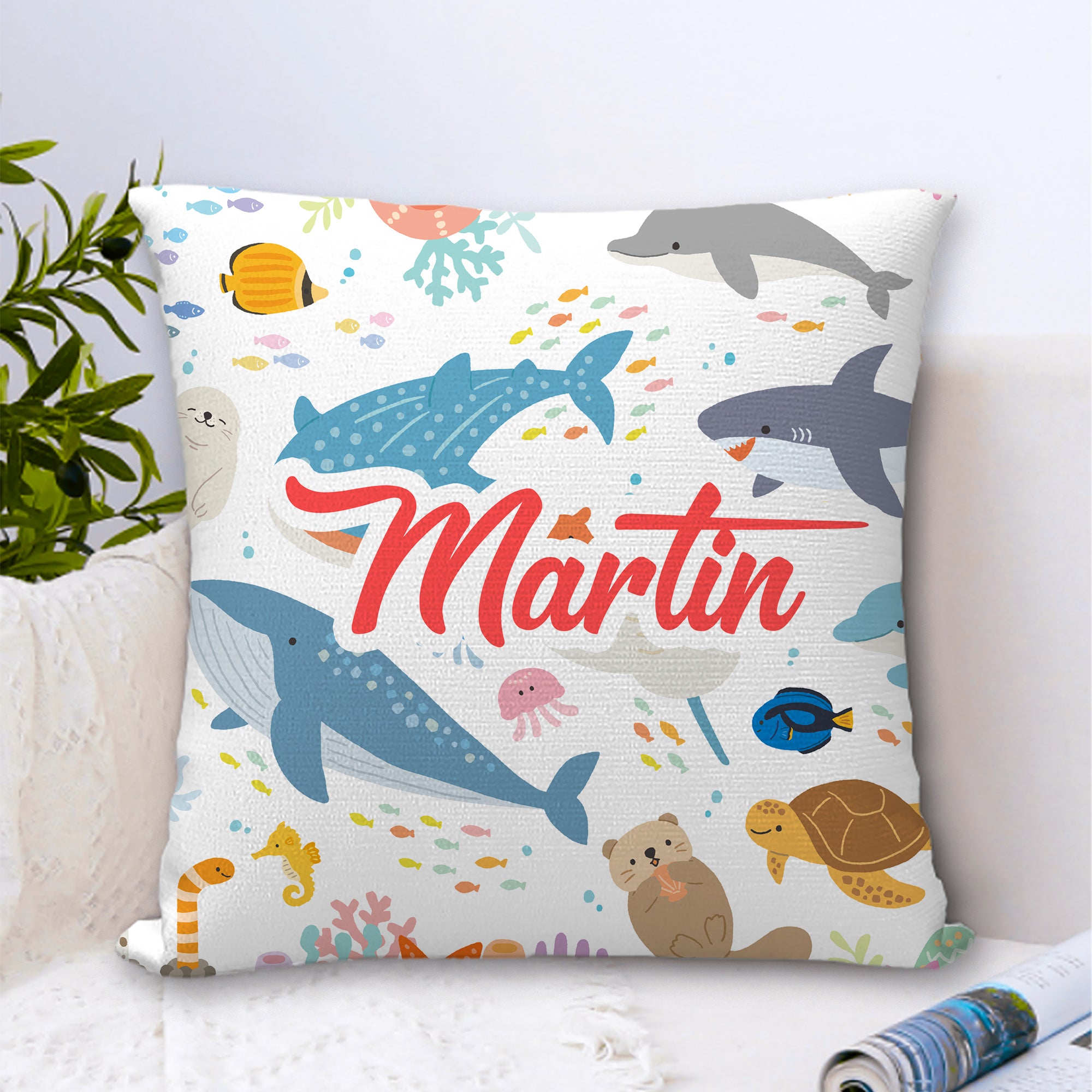 Personalizada Animales Marinos Dinosaurio Elementos Funda Almohada Suave con Nombre Decoración del Hogar Regalo de Cumpleaños para Niños Niñas