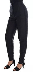 Women's Black Floral Brocade High Waist Pants Polyester